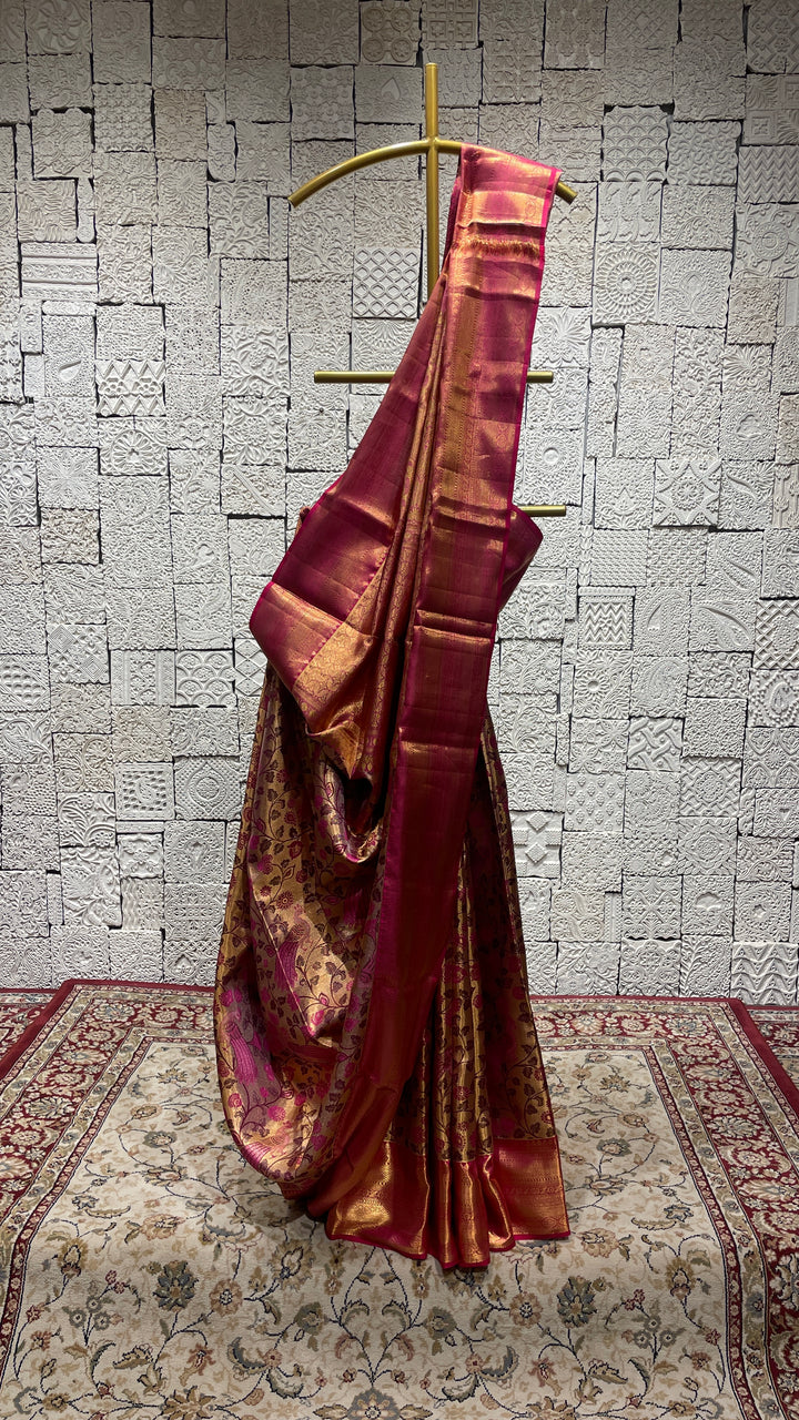 Gold & pink silk kanjivaram saree