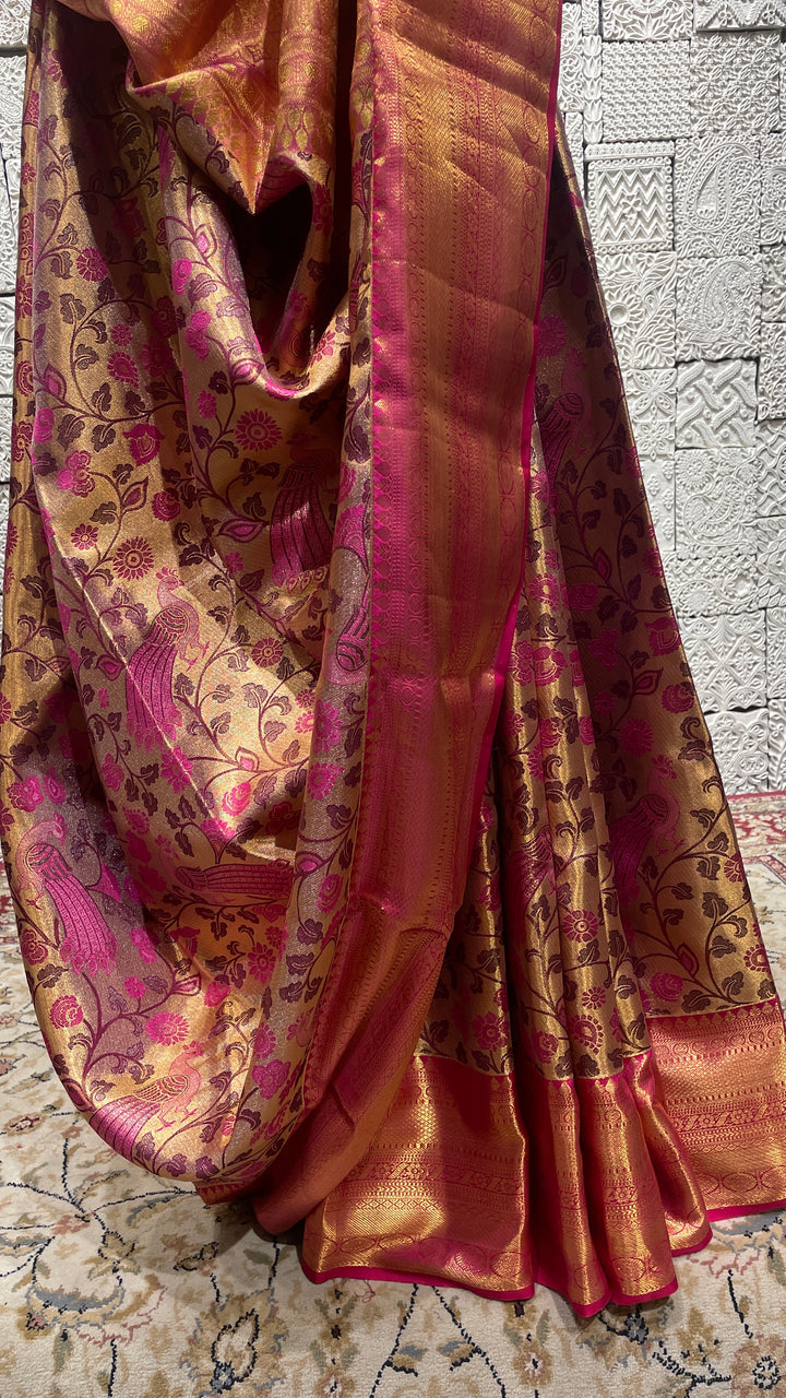 Gold & pink silk kanjivaram saree