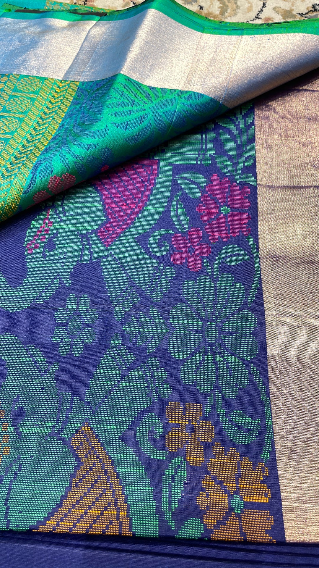 Turquoise blue handloom silk saree