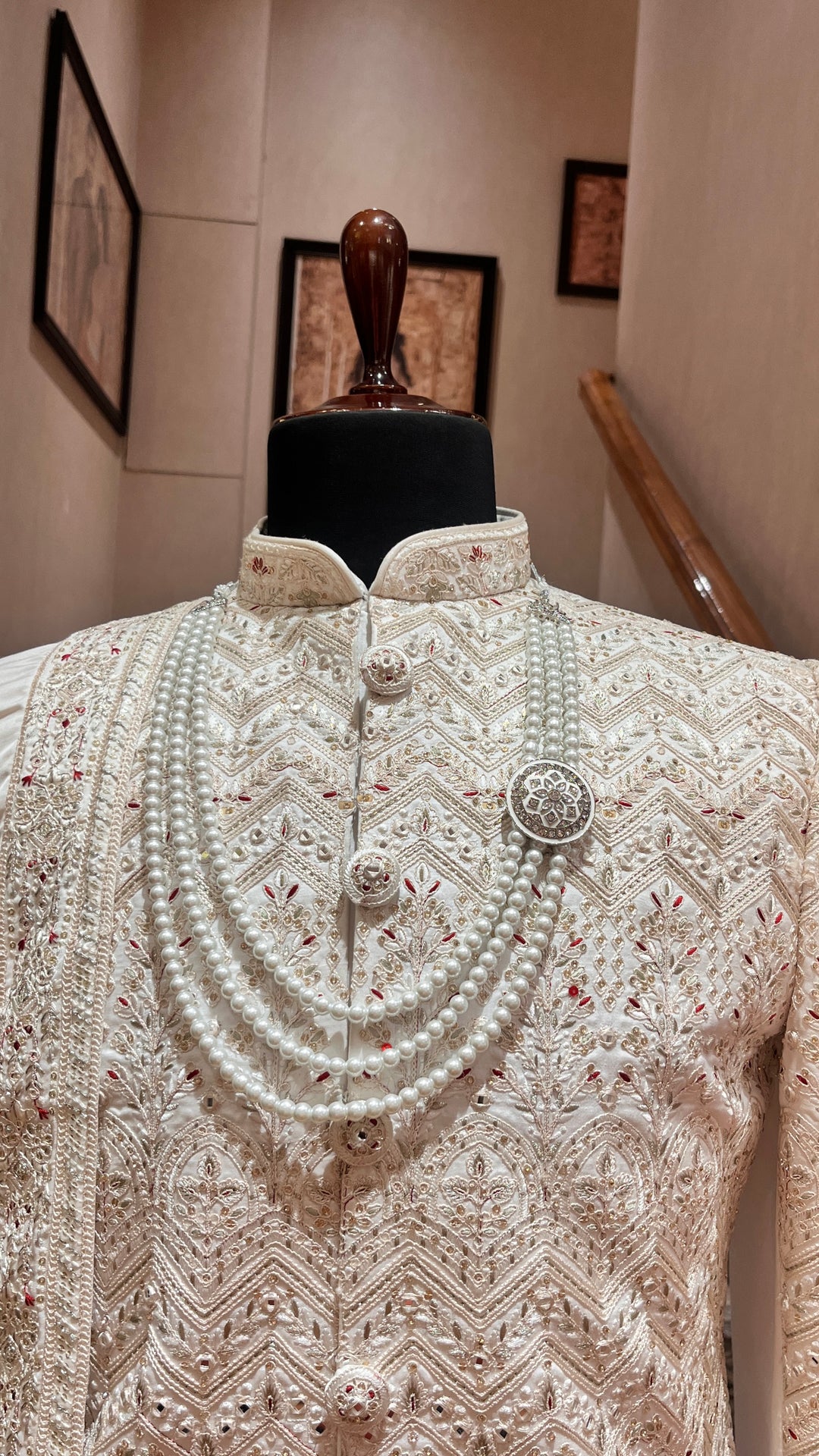 Ivory Silk men’s wedding sherwani with mirrorwork (accessories Included)