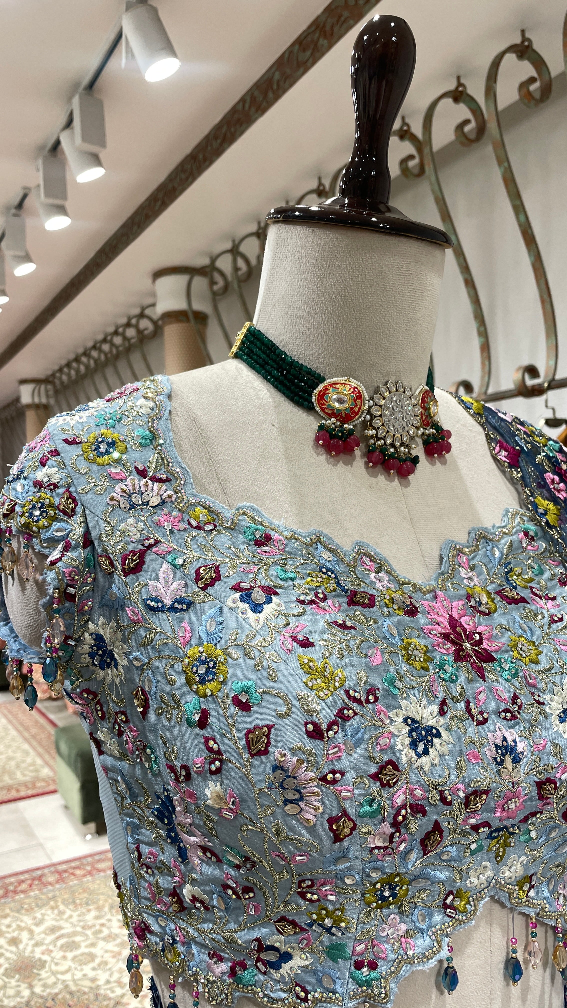 Multicolour threadwork georgette lehenga