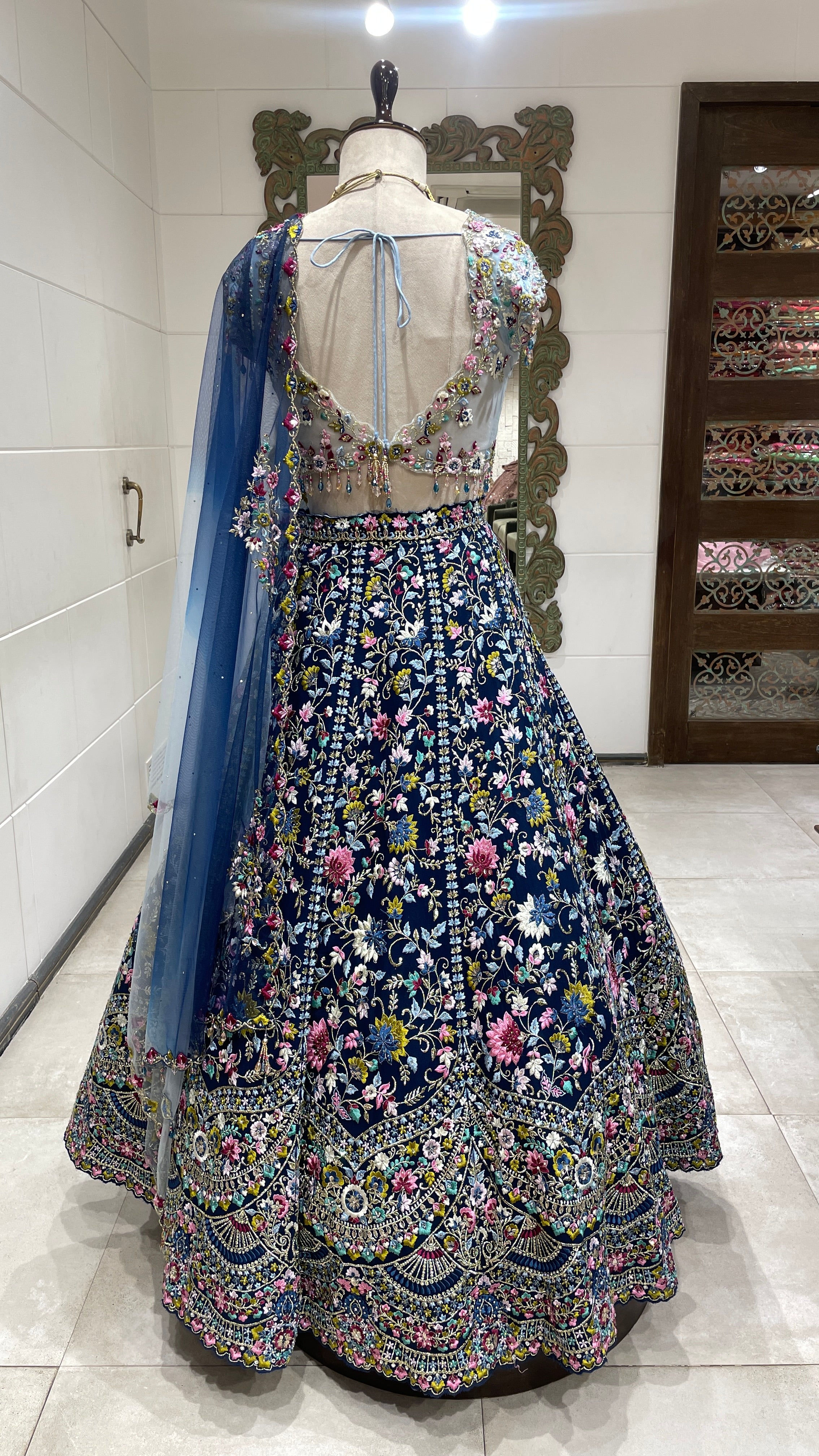 Multicolour threadwork georgette lehenga