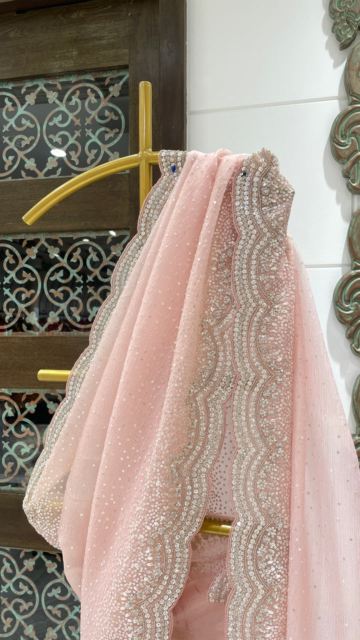 Pastel pink tissue organza saree