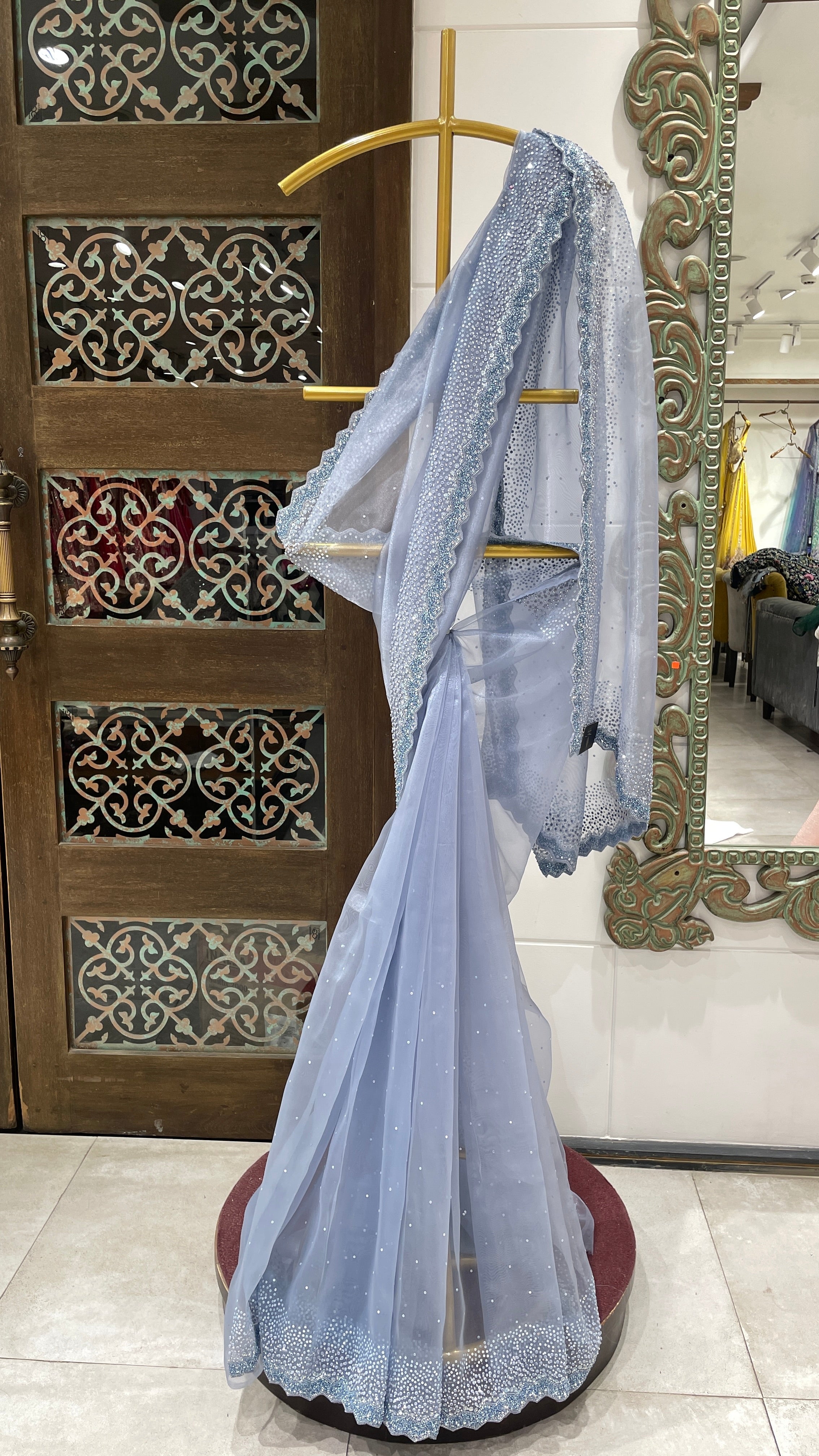 Powder Blue Crystal Embellished Net Saree