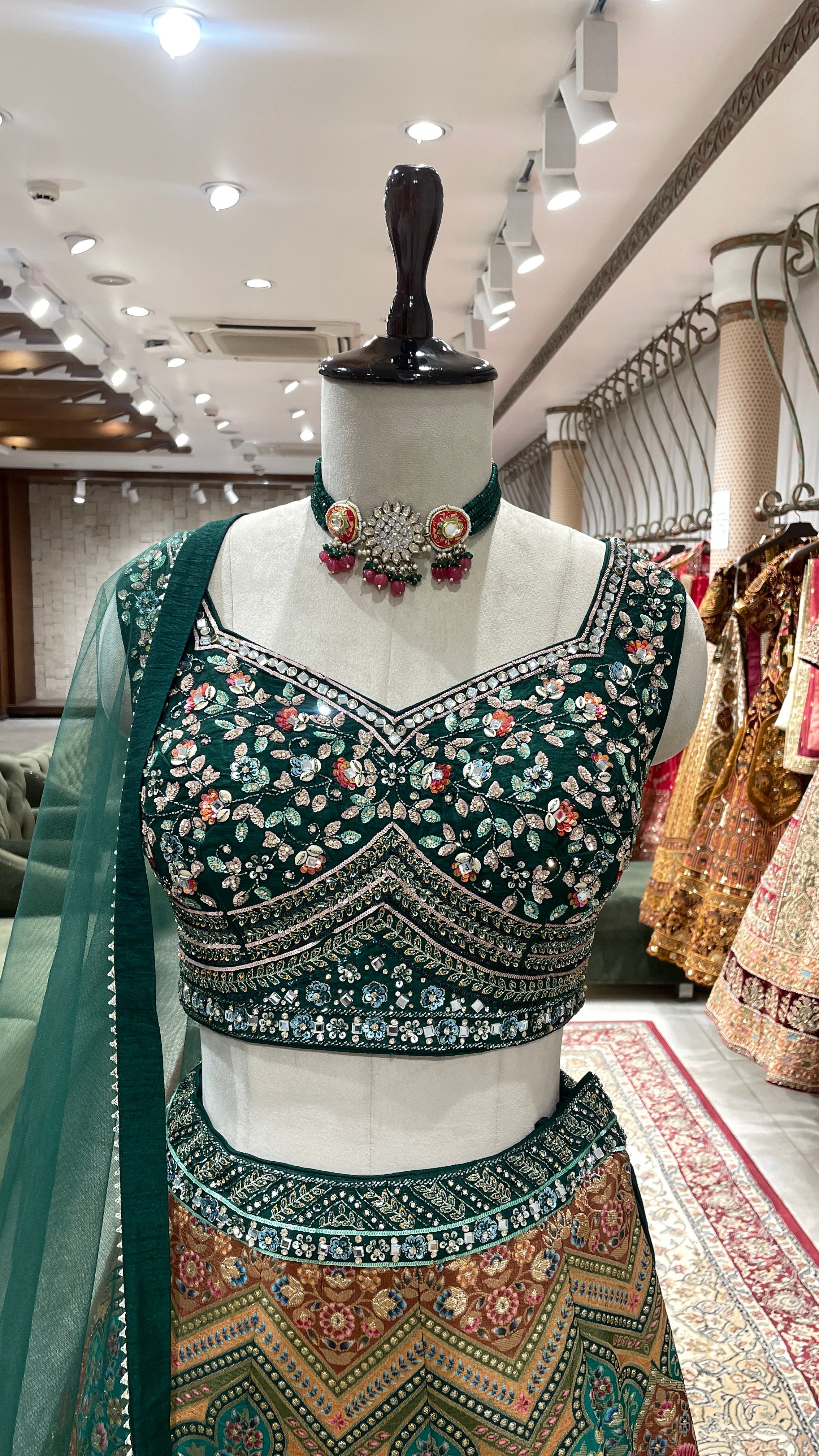 Green multicolour threadwork Georgette lehenga