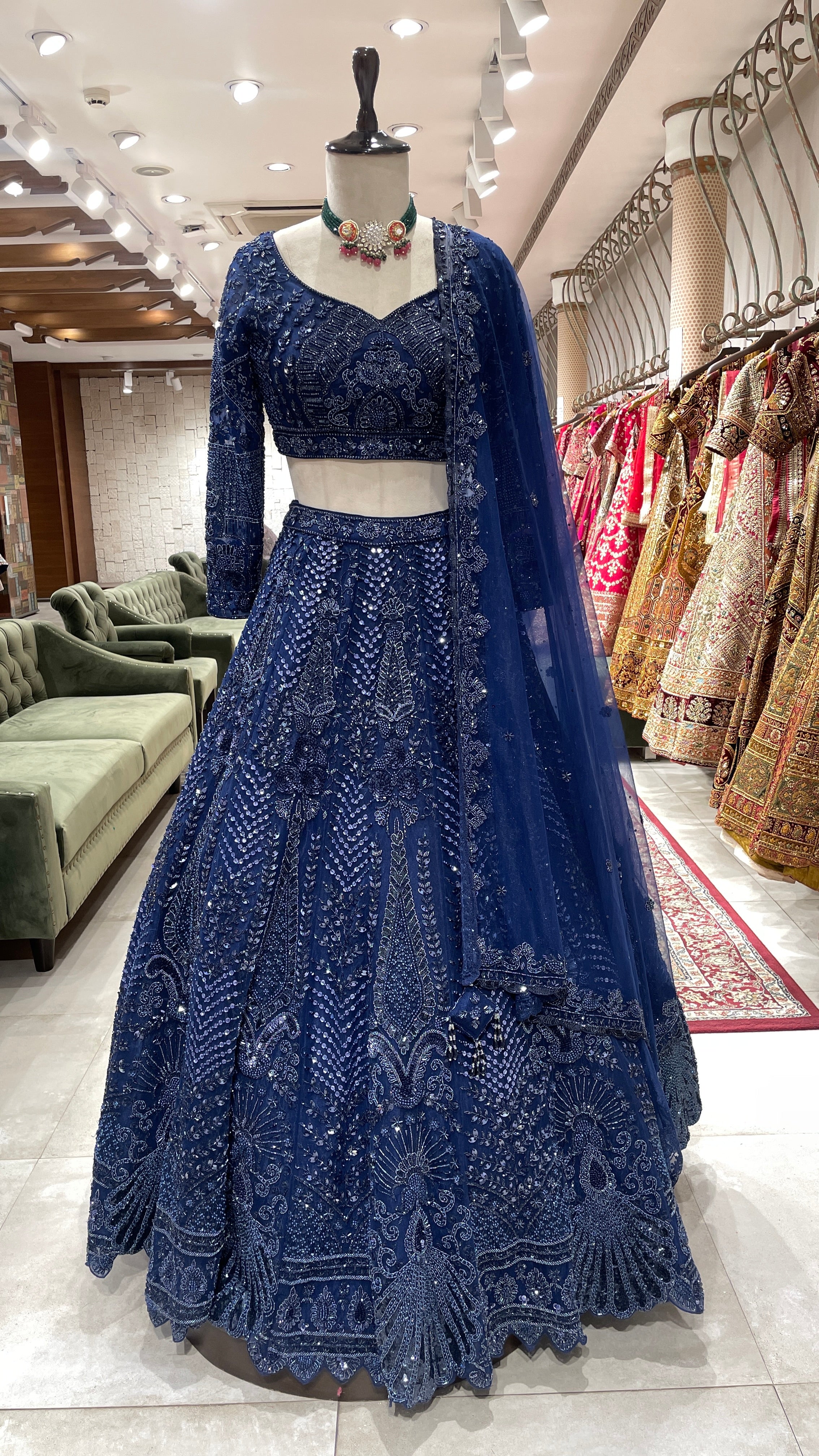 Royal blue lehenga with sequins cutdana and pot embroidery