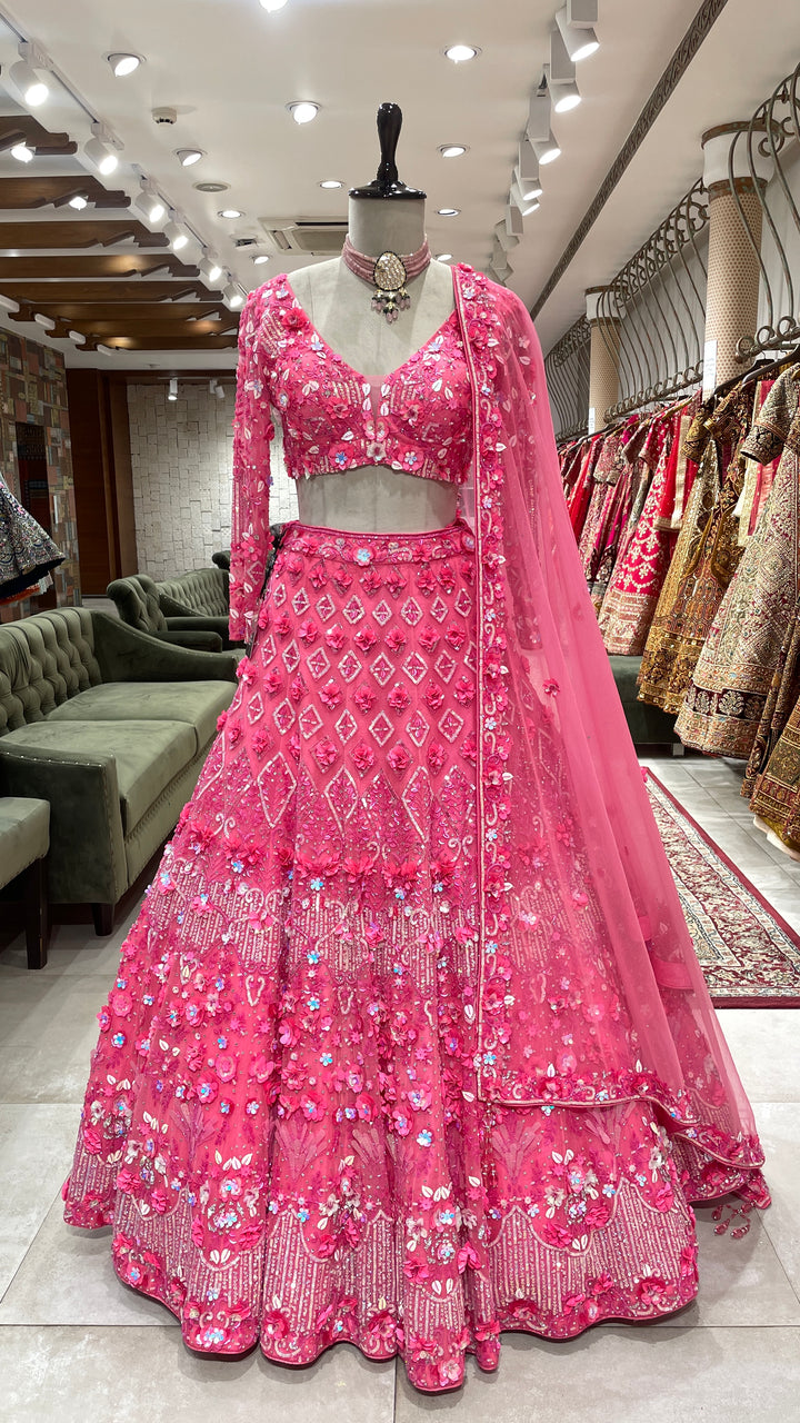 Fluorescent pink floral motif lehenga