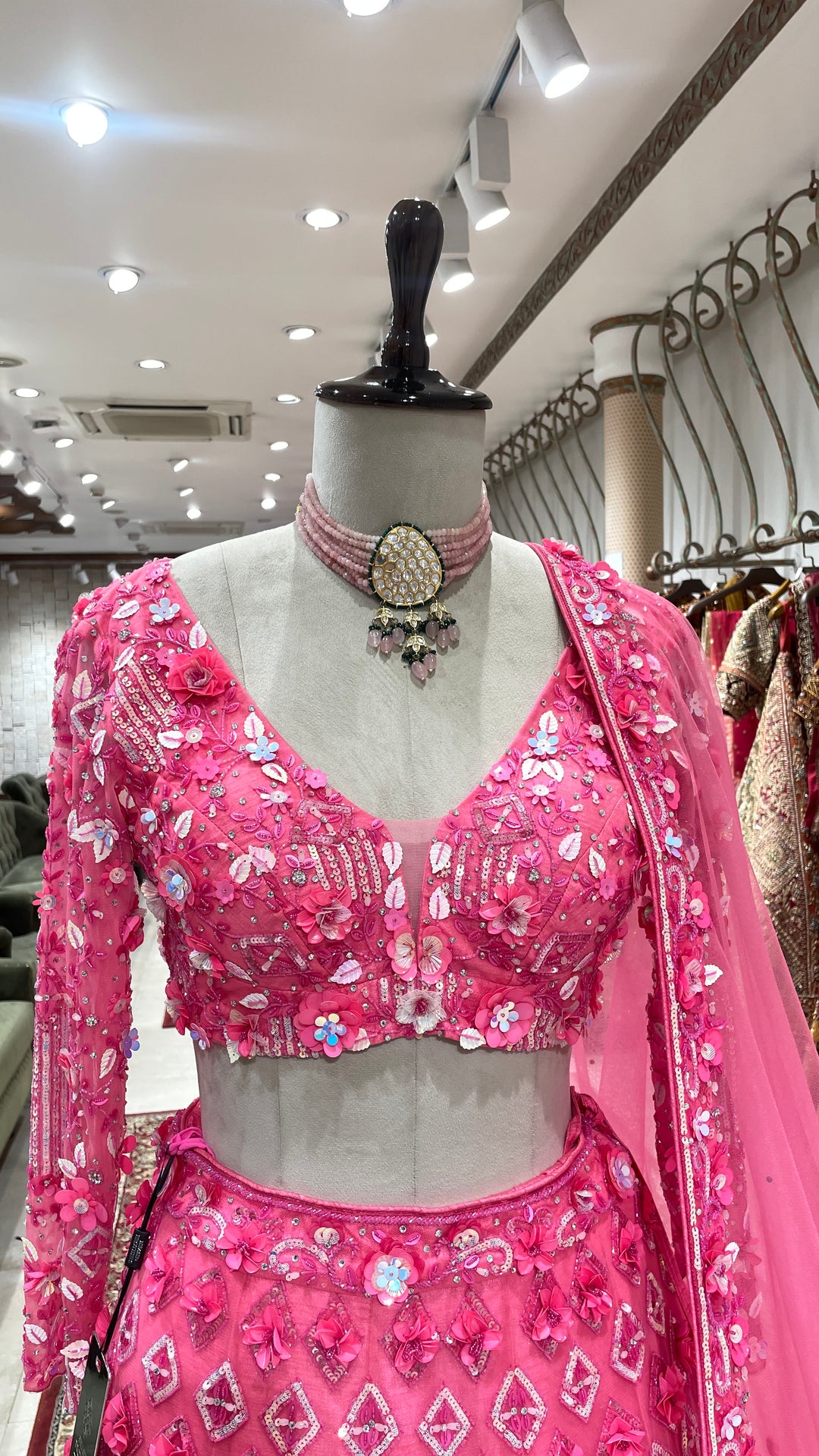 Fluorescent pink floral motif lehenga