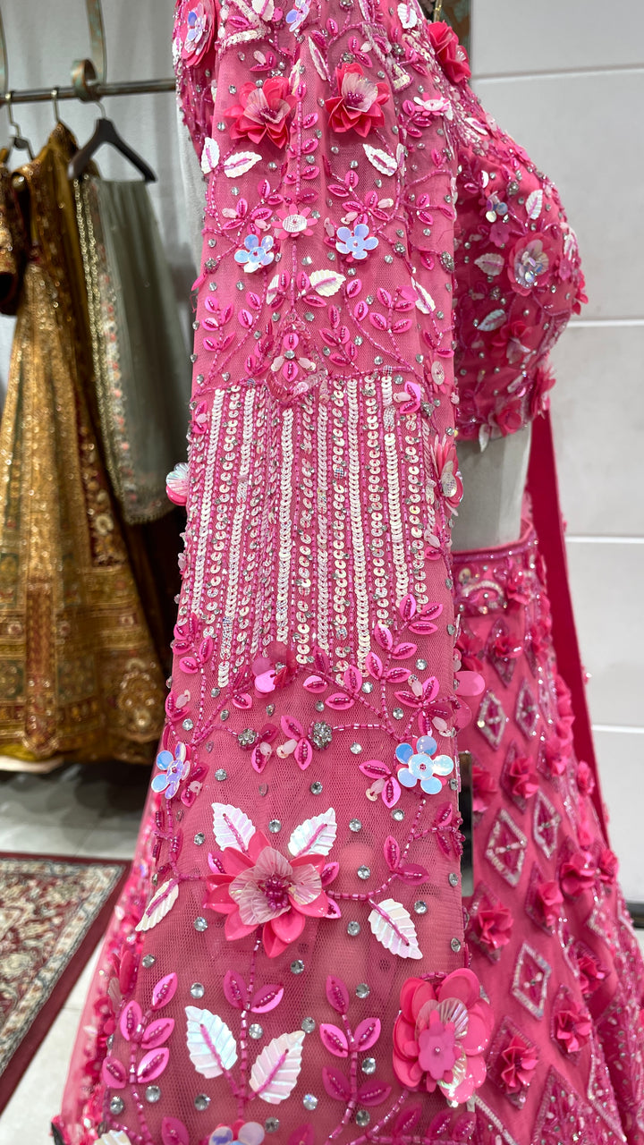 Fluorescent pink floral motif lehenga