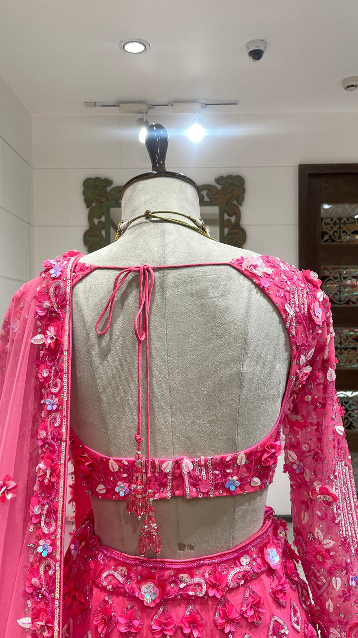 Fluorescent pink floral motif lehenga