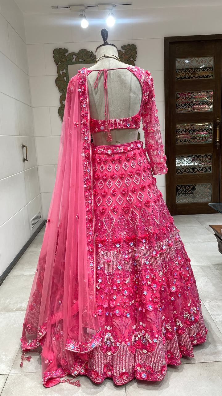 Fluorescent pink floral motif lehenga