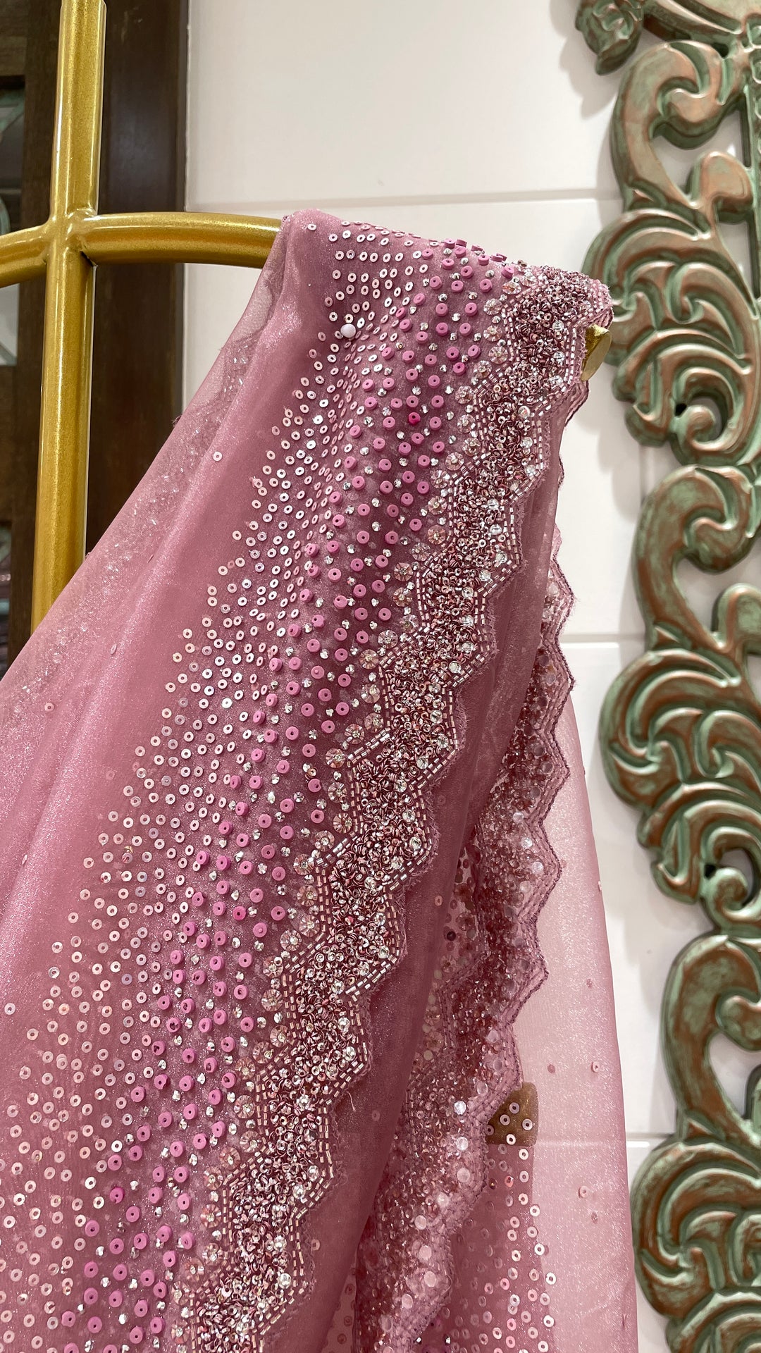 Pink tissue organza saree with sequin and cutdana embellishments