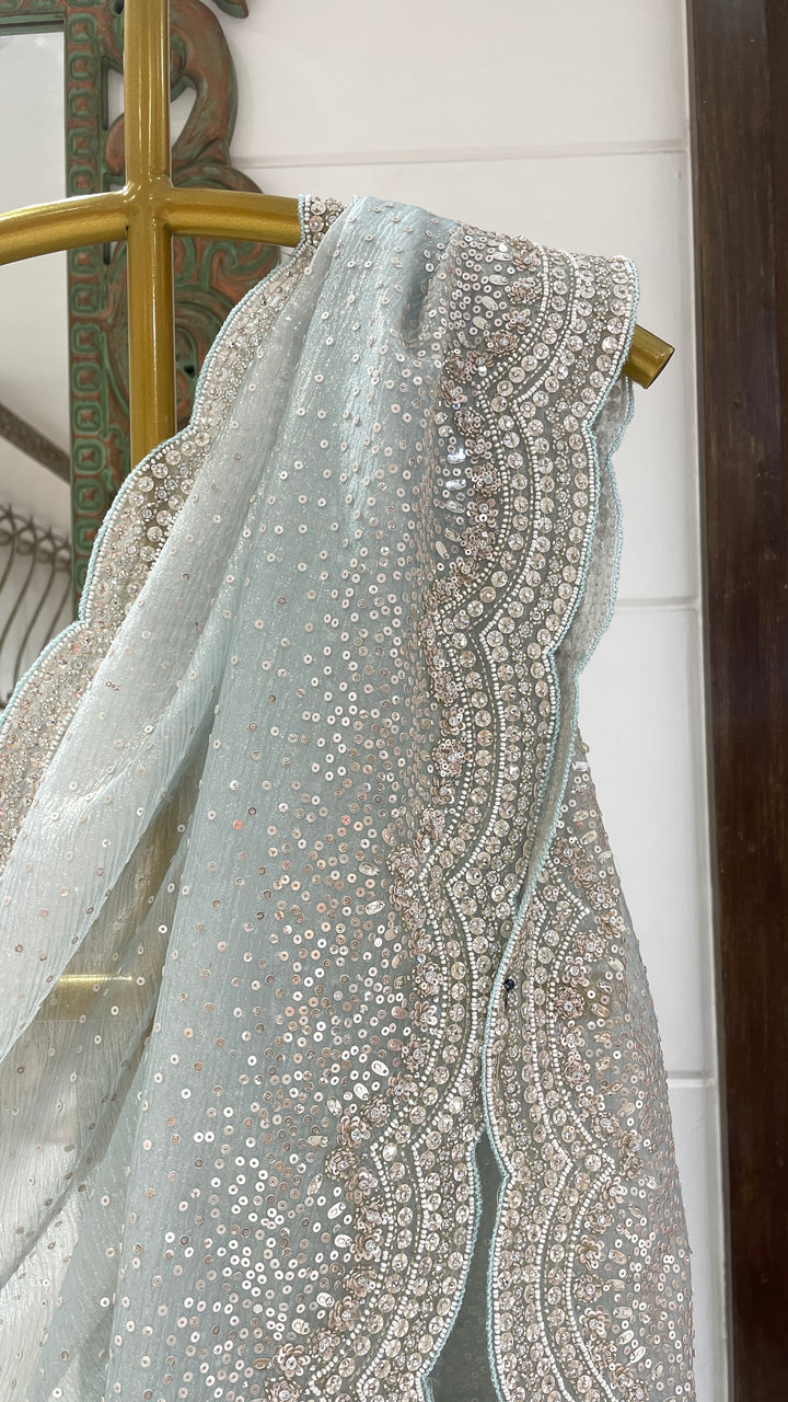 Pastel blue tissue organza saree with scallop border