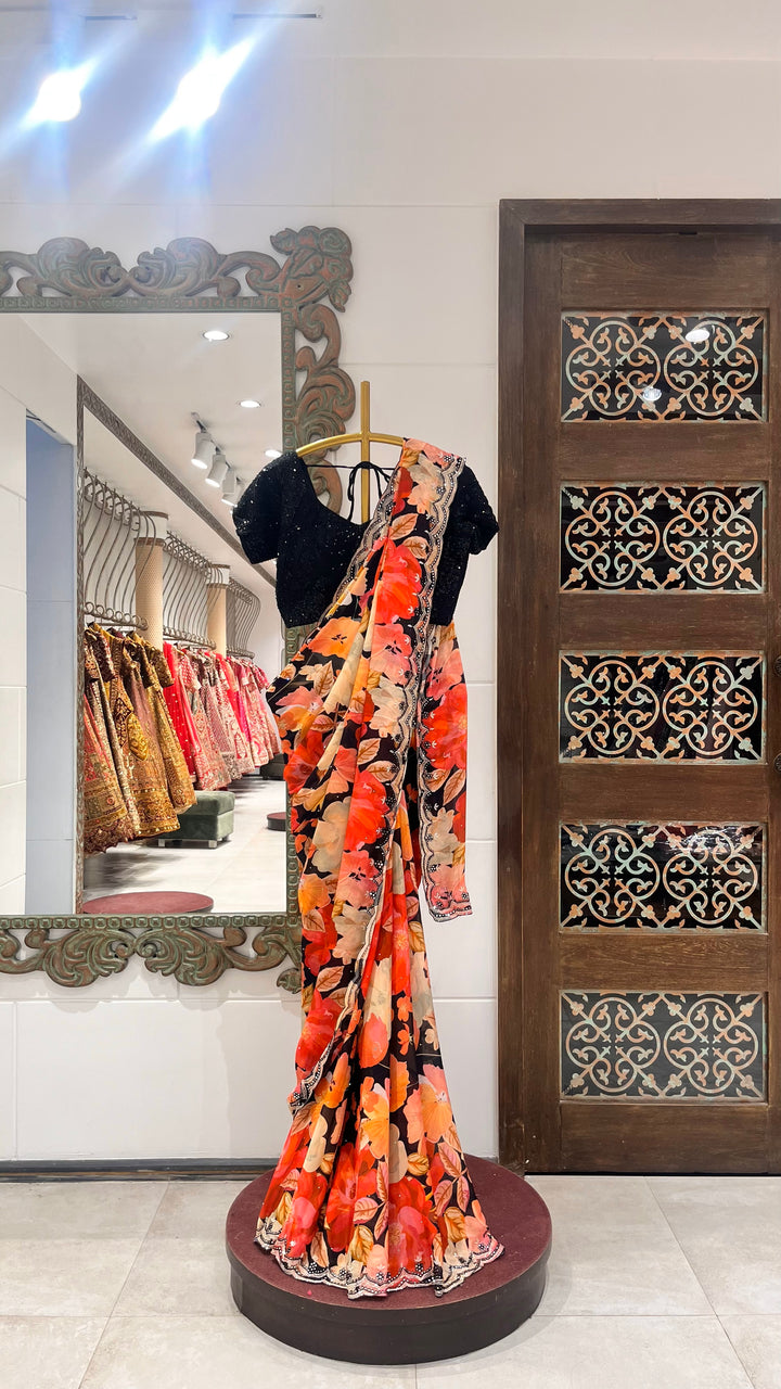 Red and black floral saree