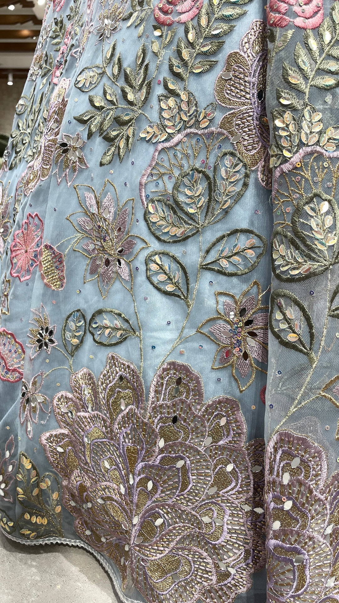 Pastel blue lehenga with floral motifs