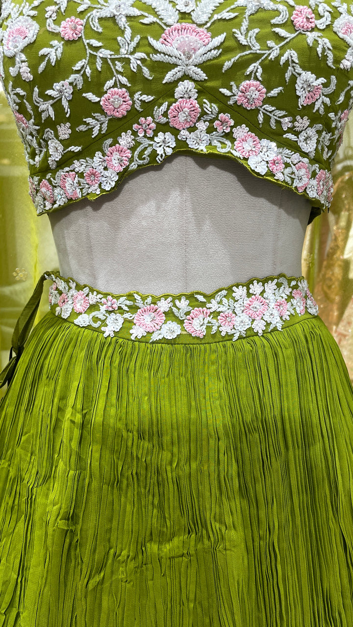 Green cape lehenga with floral motifs