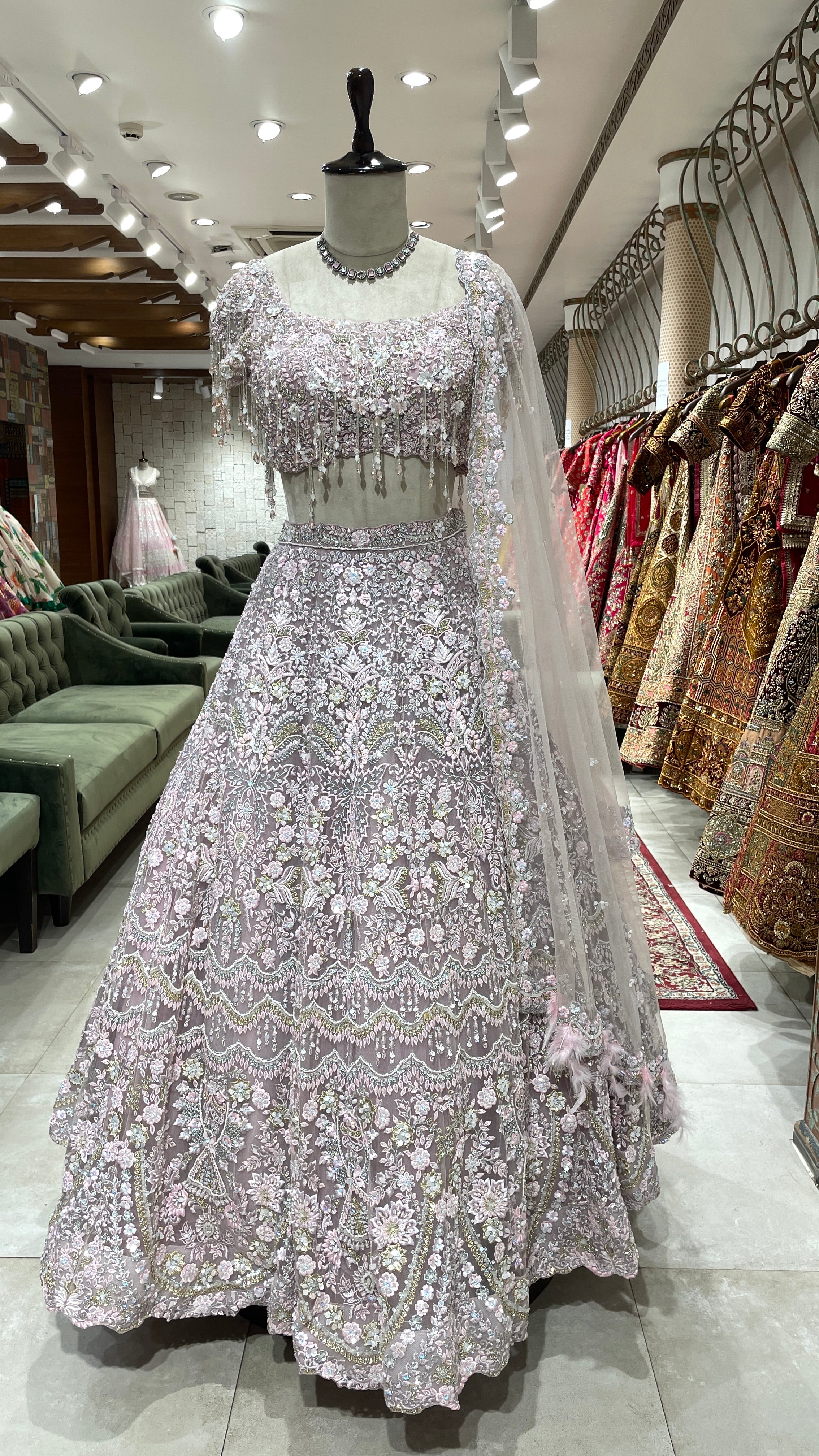Lavender organza lehenga with floral motifs & embellishments