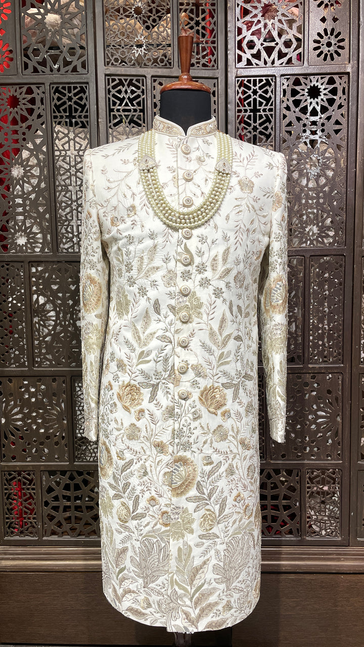 Ivory men’s silk sherwani with gold embroidery