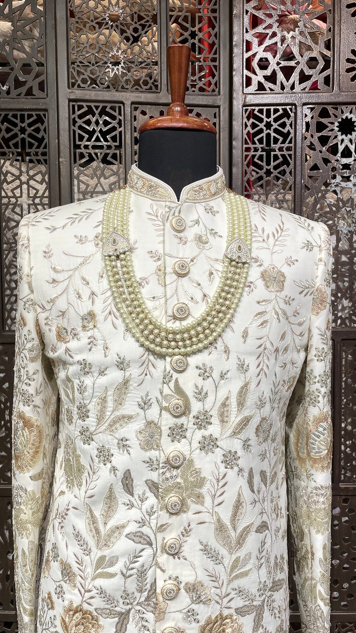 Ivory men’s silk sherwani with gold embroidery