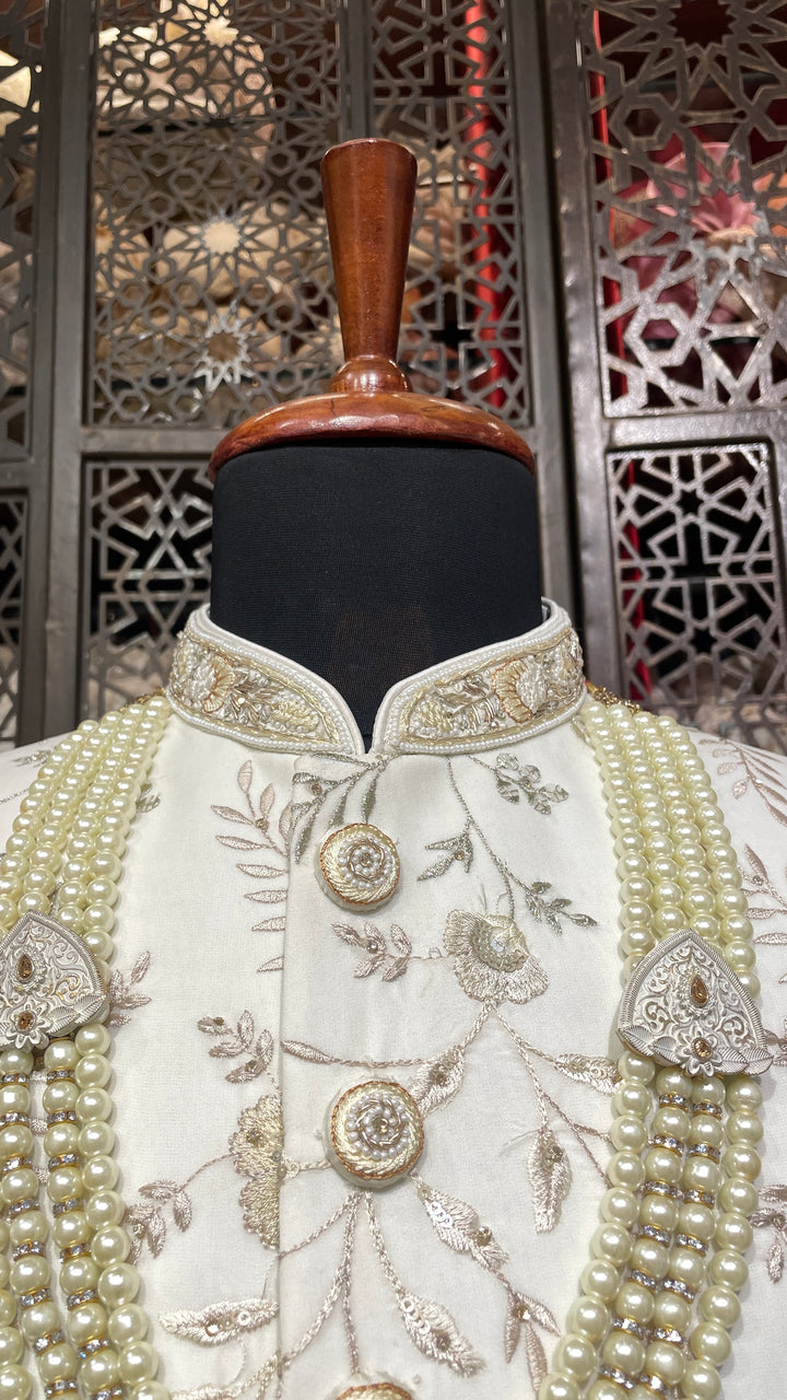 Ivory men’s silk sherwani with gold embroidery