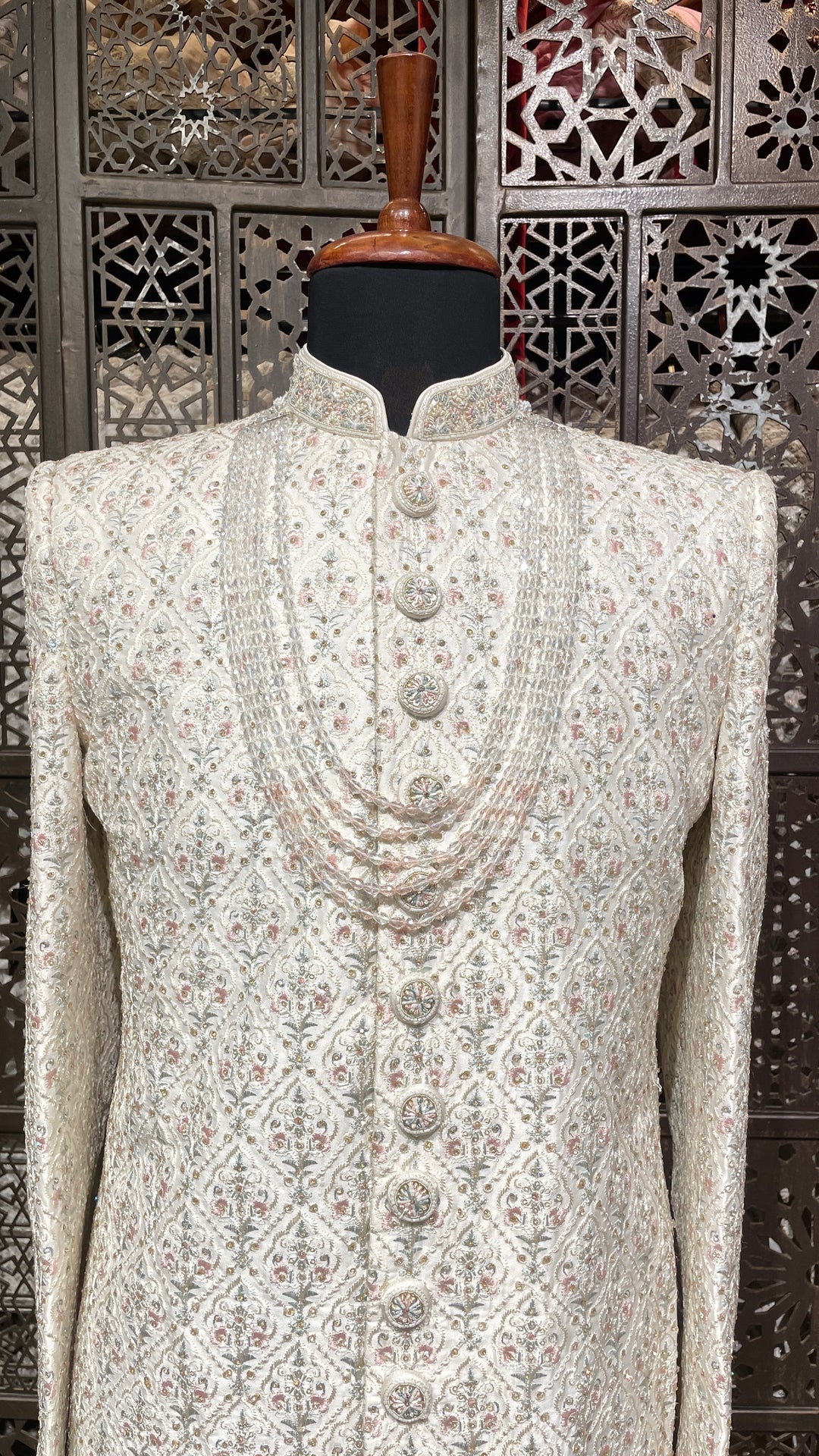 Cream men’s silk sherwani with embellishments