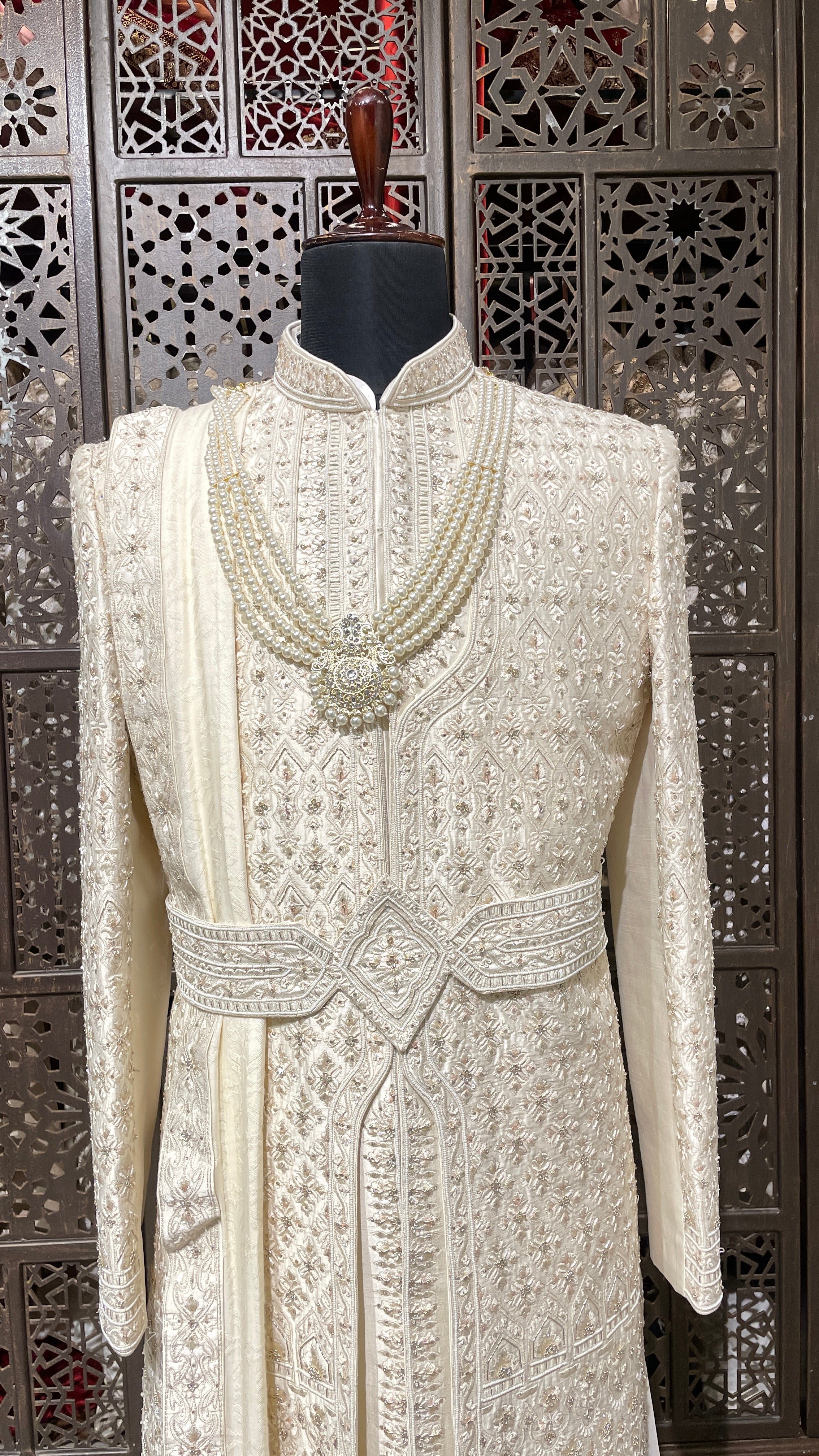 Cream double layered silk sherwani