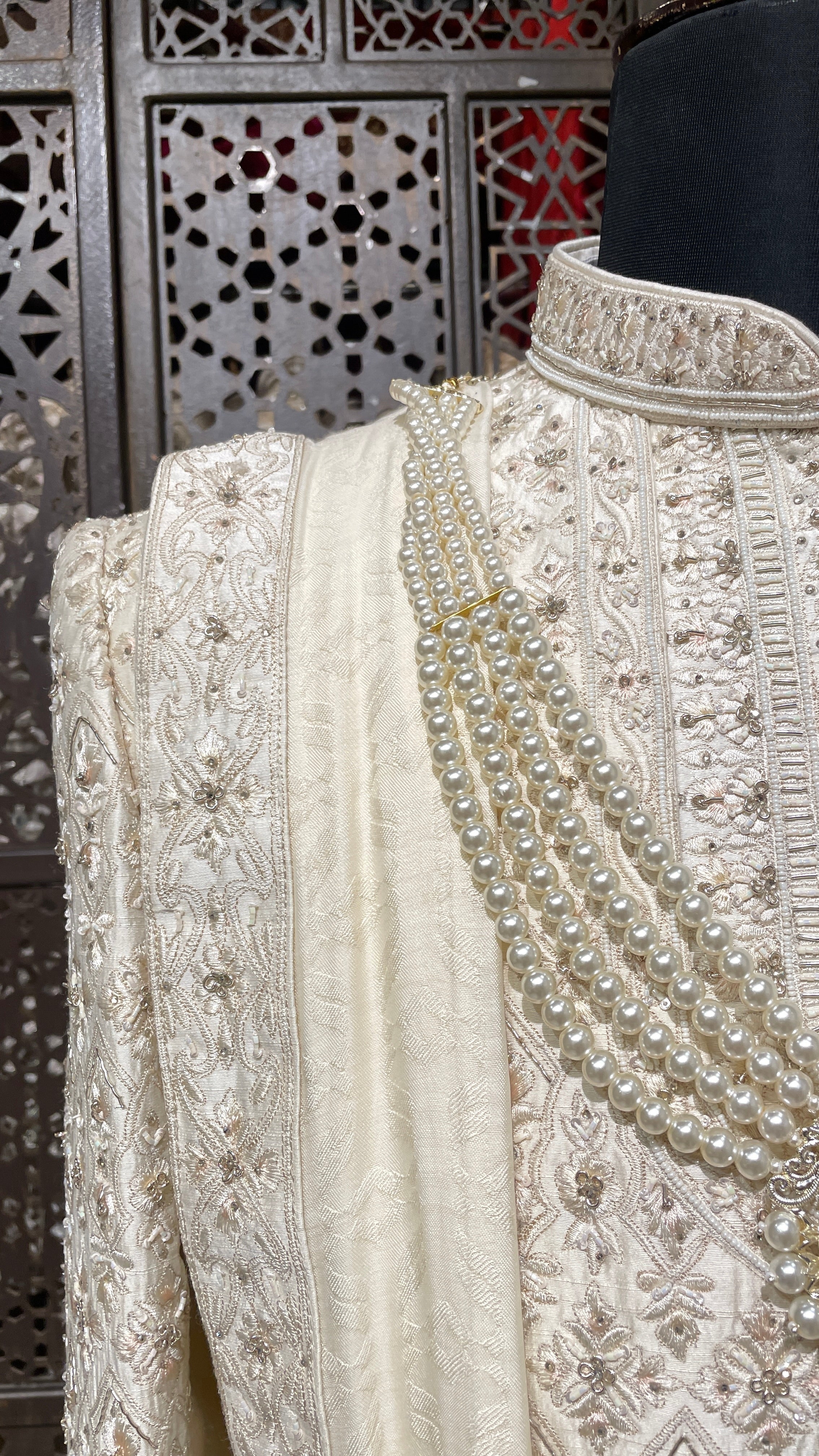 Cream double layered silk sherwani
