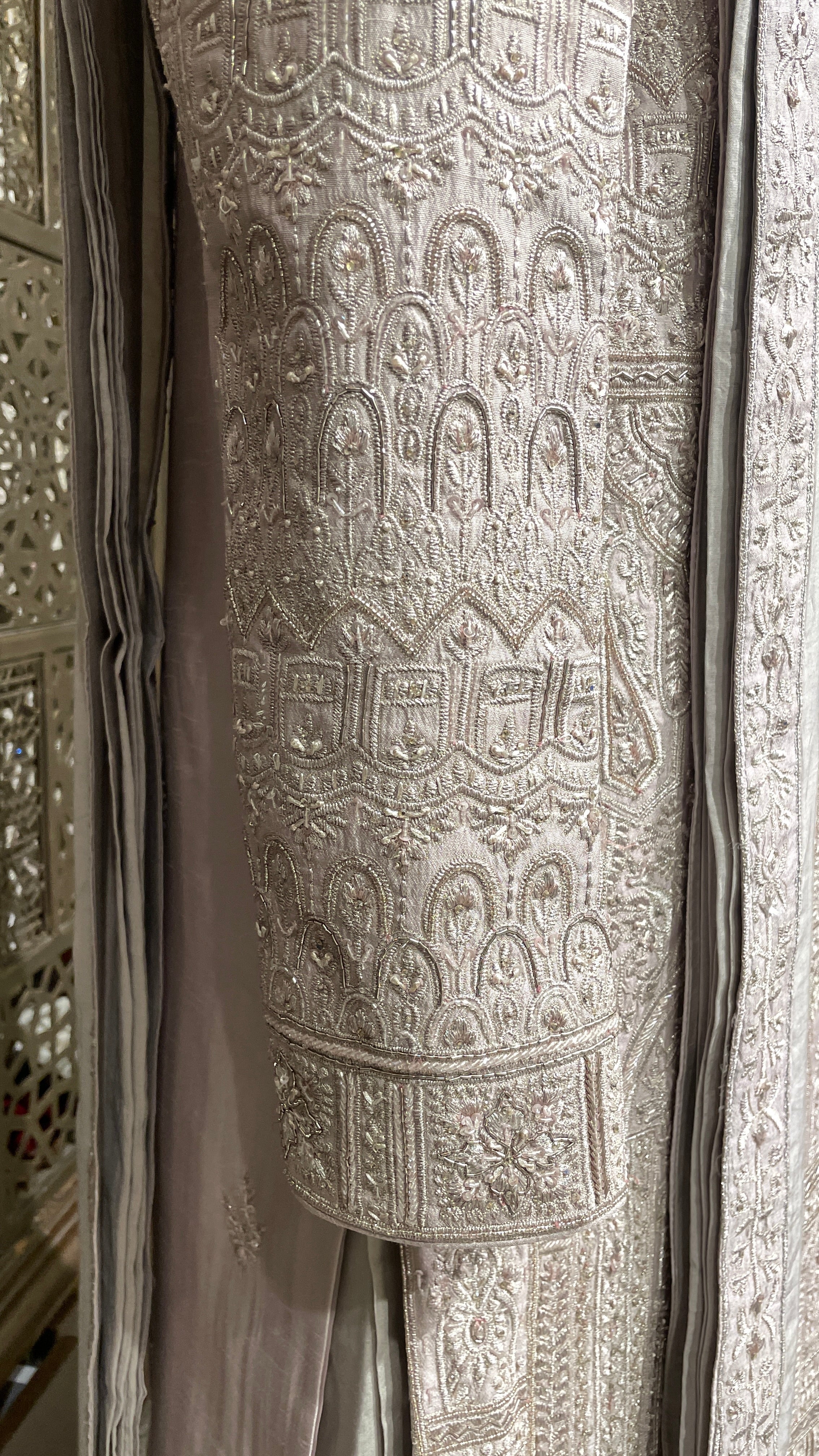 Lilac Anarkali style sherwani with gold embellishment