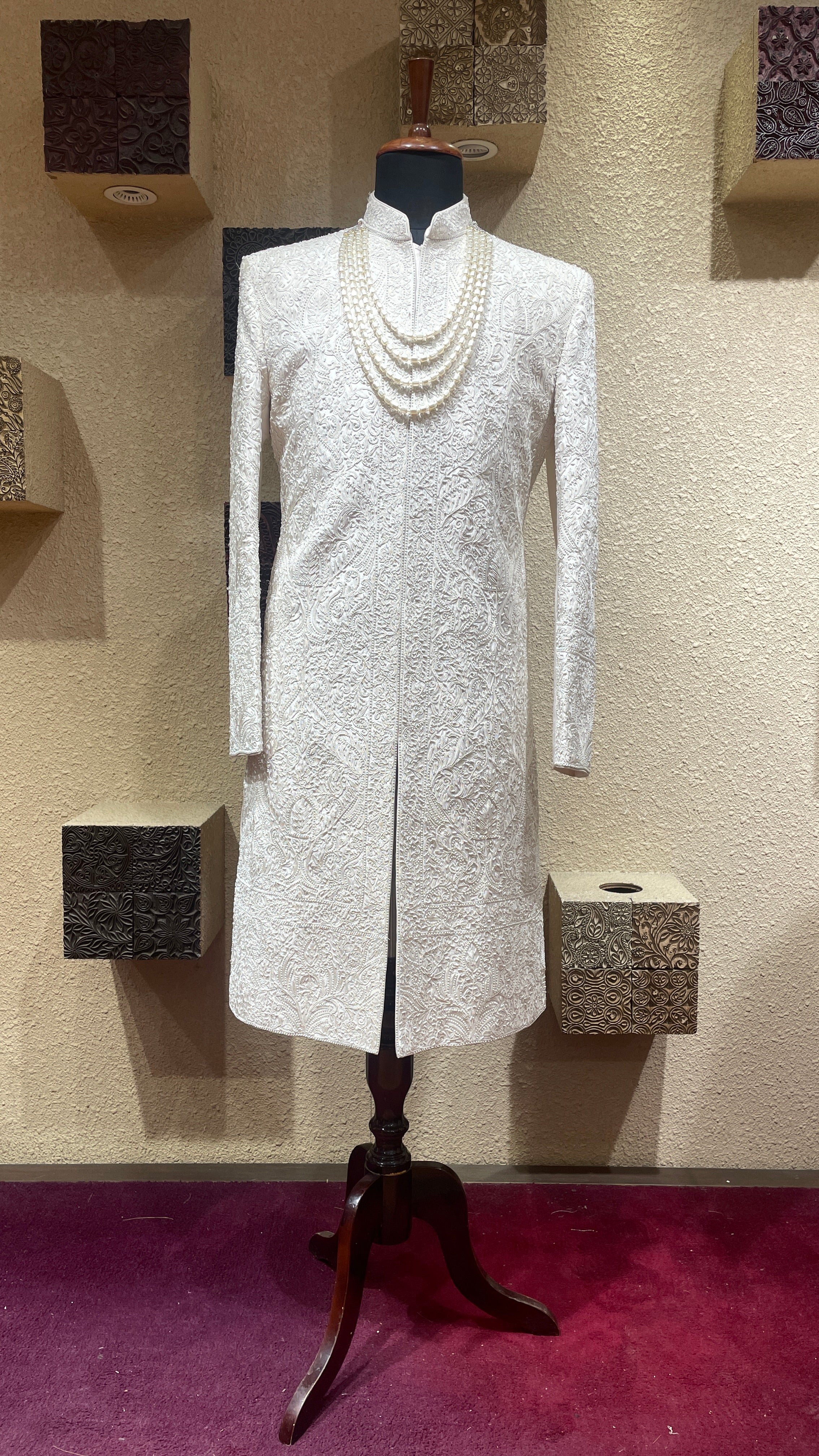 Silk Ivory sherwani with bead embroidered