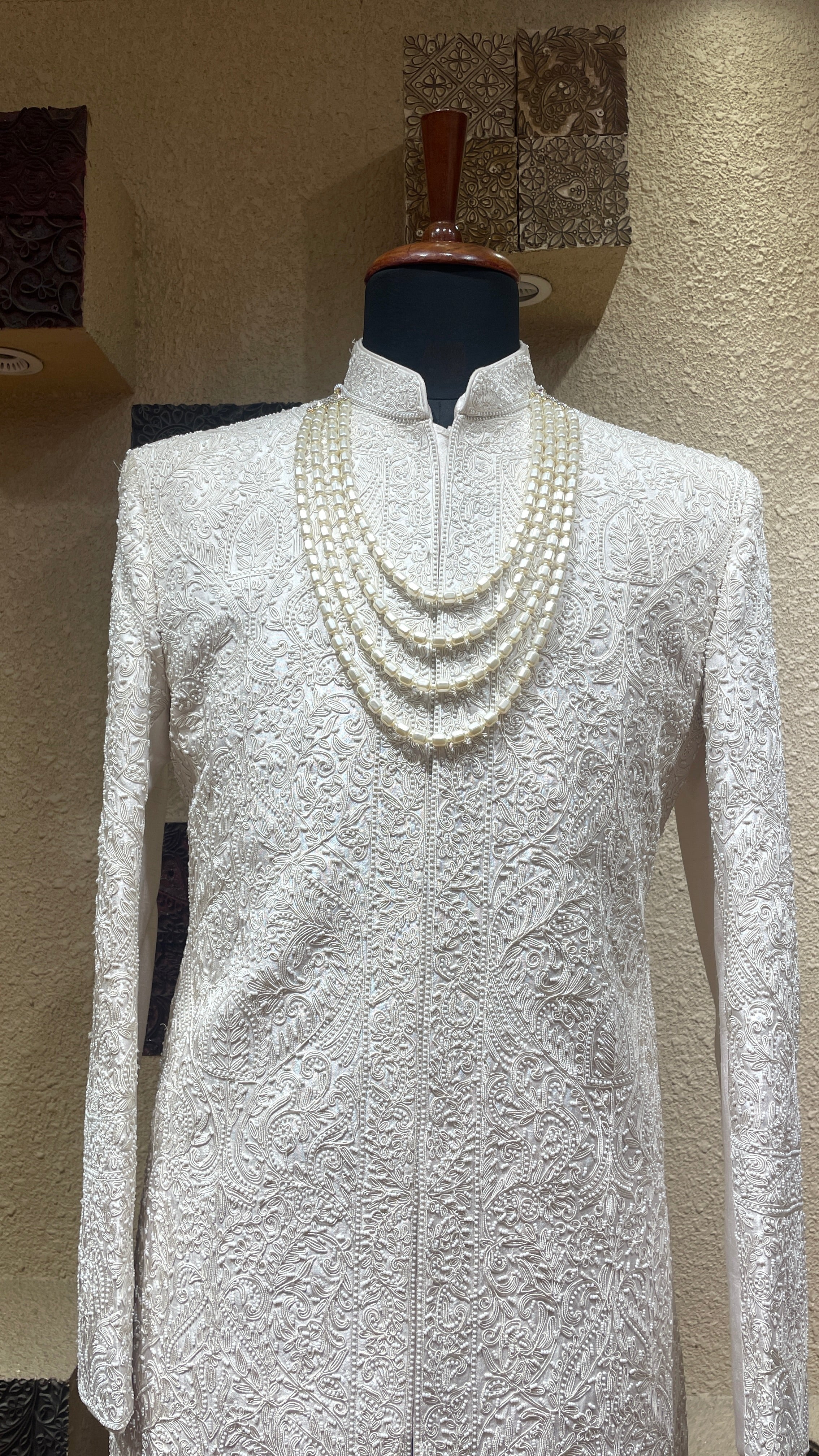 Silk Ivory sherwani with bead embroidered