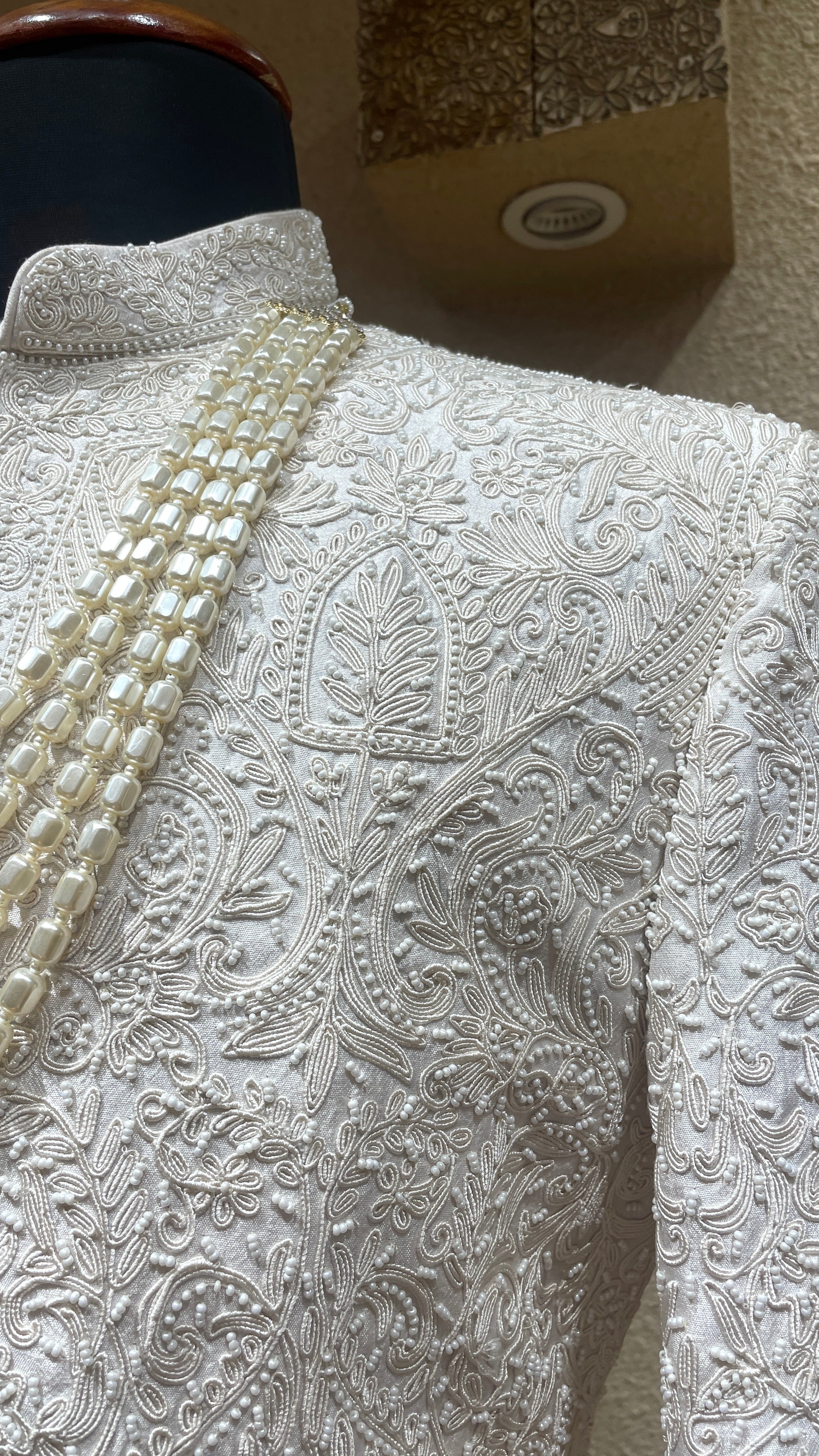 Silk Ivory sherwani with bead embroidered