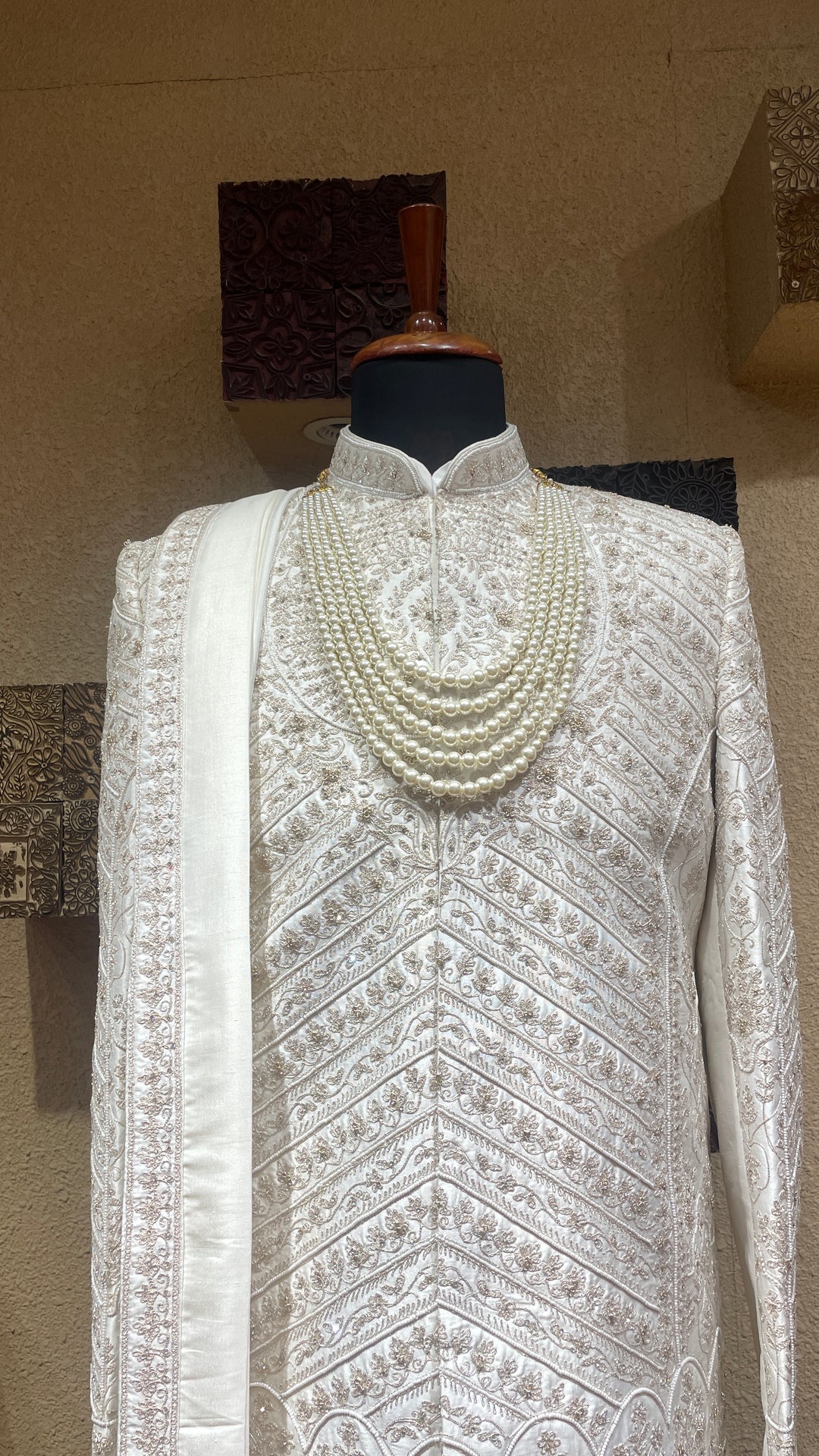 Ivory silk Rajwada sherwani with Anarkali kurta