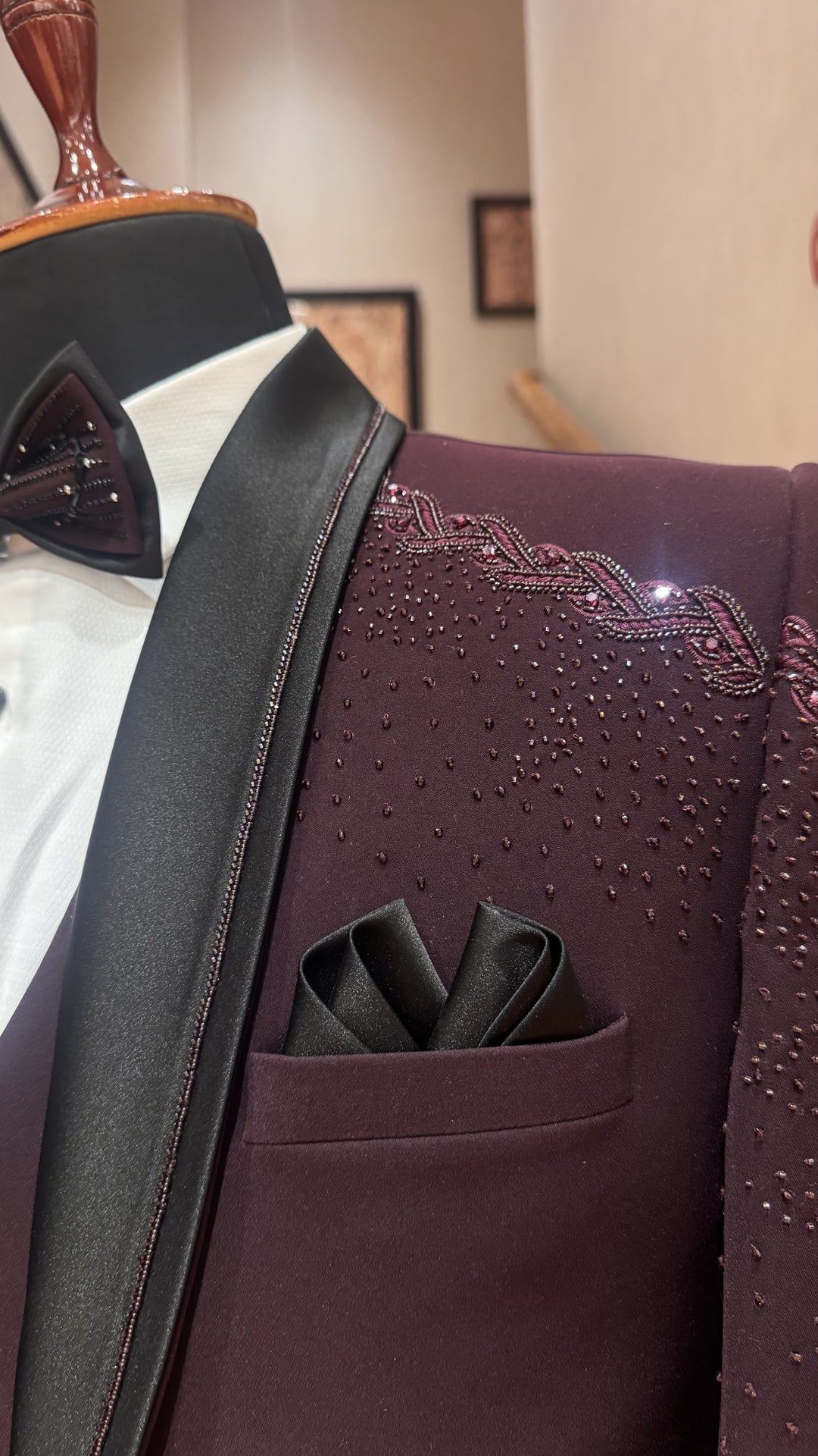 Wine Stone Embellished Tuxedo Set with Bow