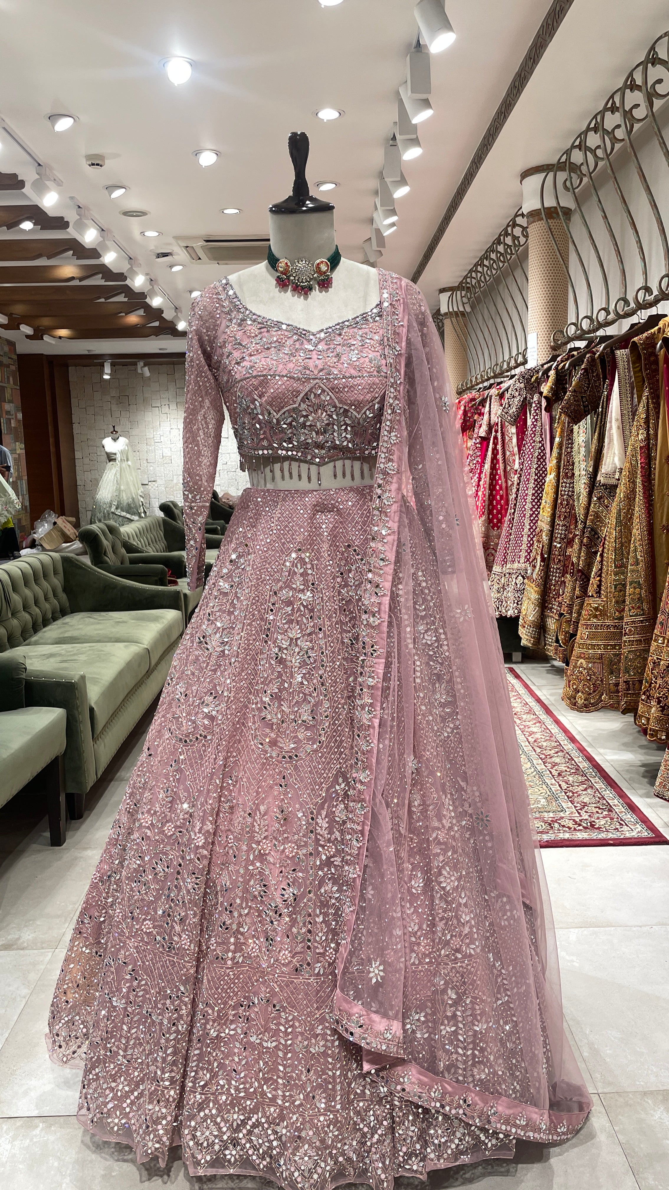 Pink net lehenga with mirrorwork