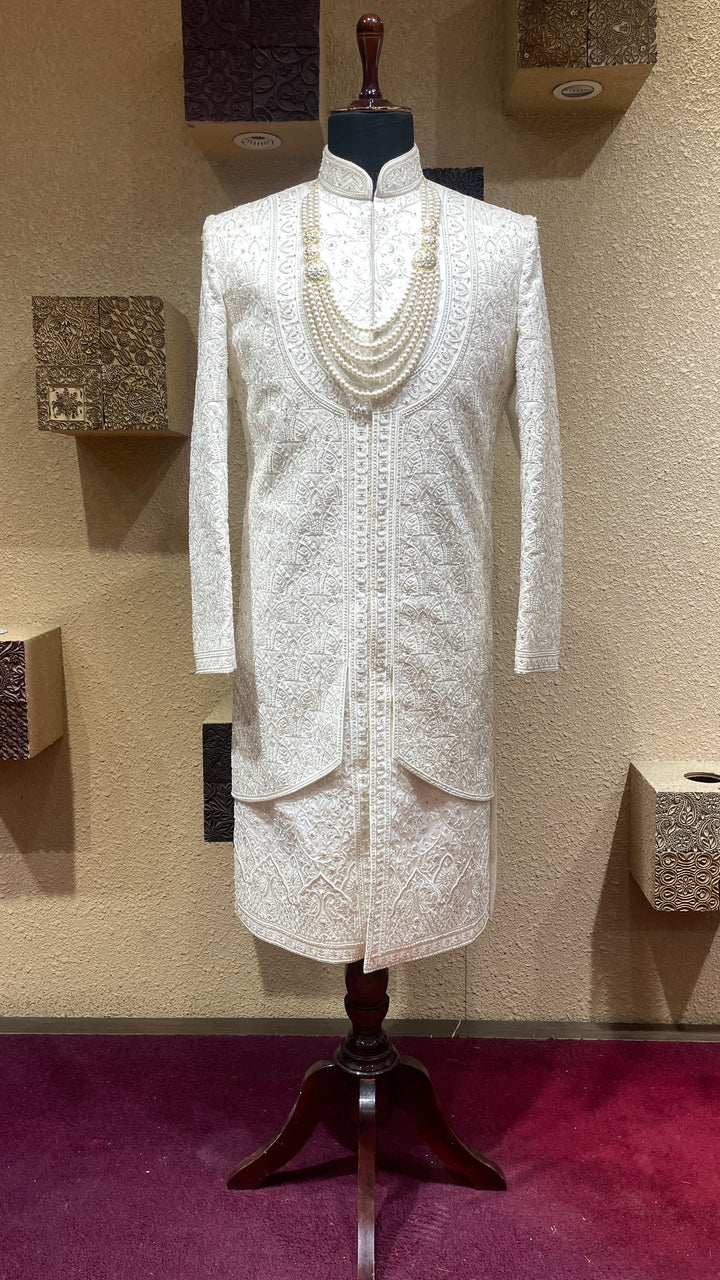 Ivory silk sherwani with threadwork and embellishments