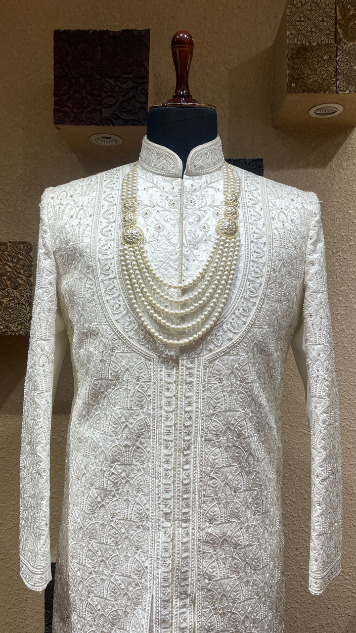 Ivory silk sherwani with threadwork and embellishments