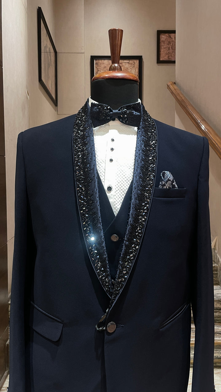 Navy Blue tuxedo with heavy collar embellishment