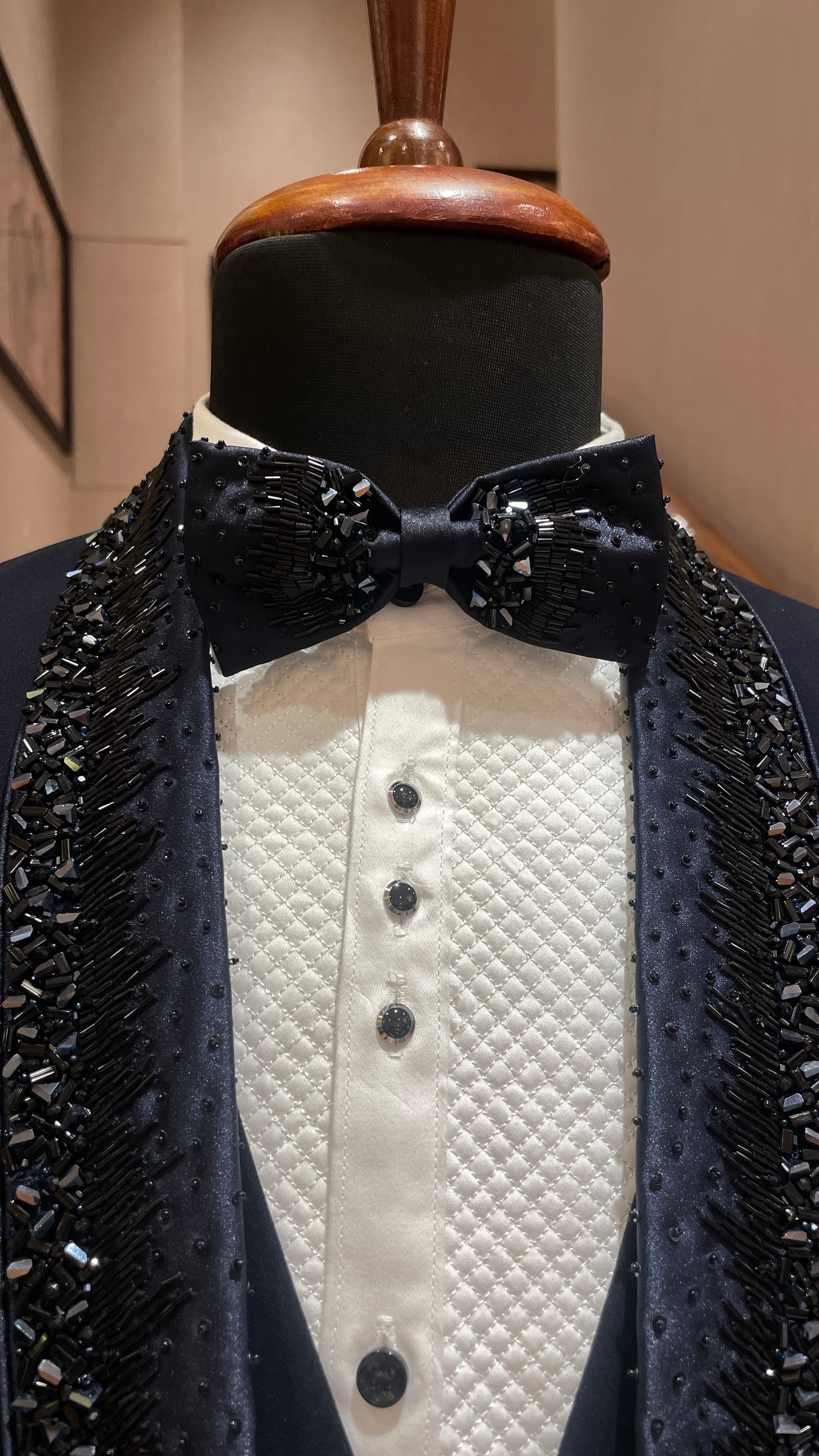 Navy Blue tuxedo with heavy collar embellishment