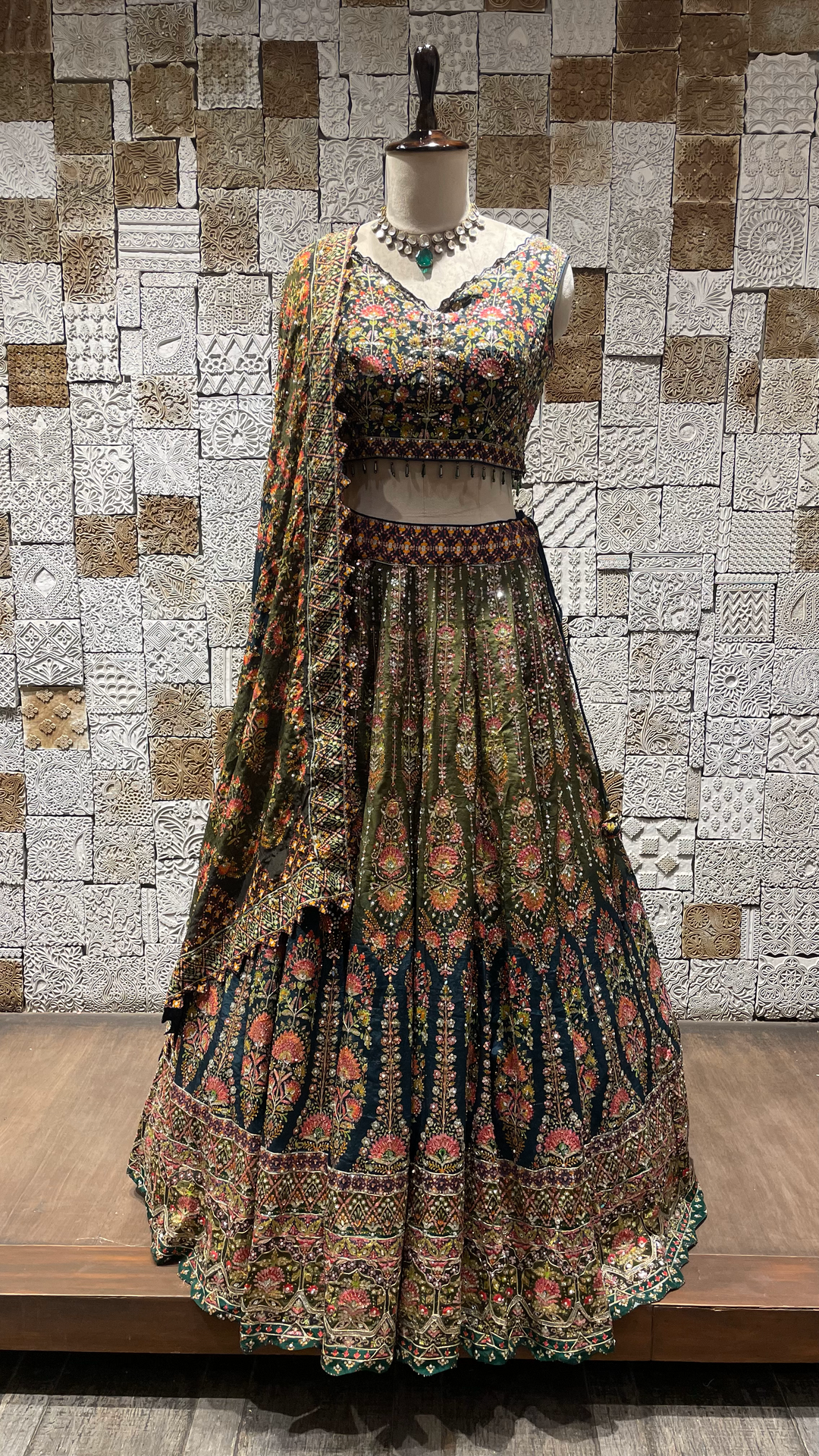 Green Lehenga with Floral Motifs
