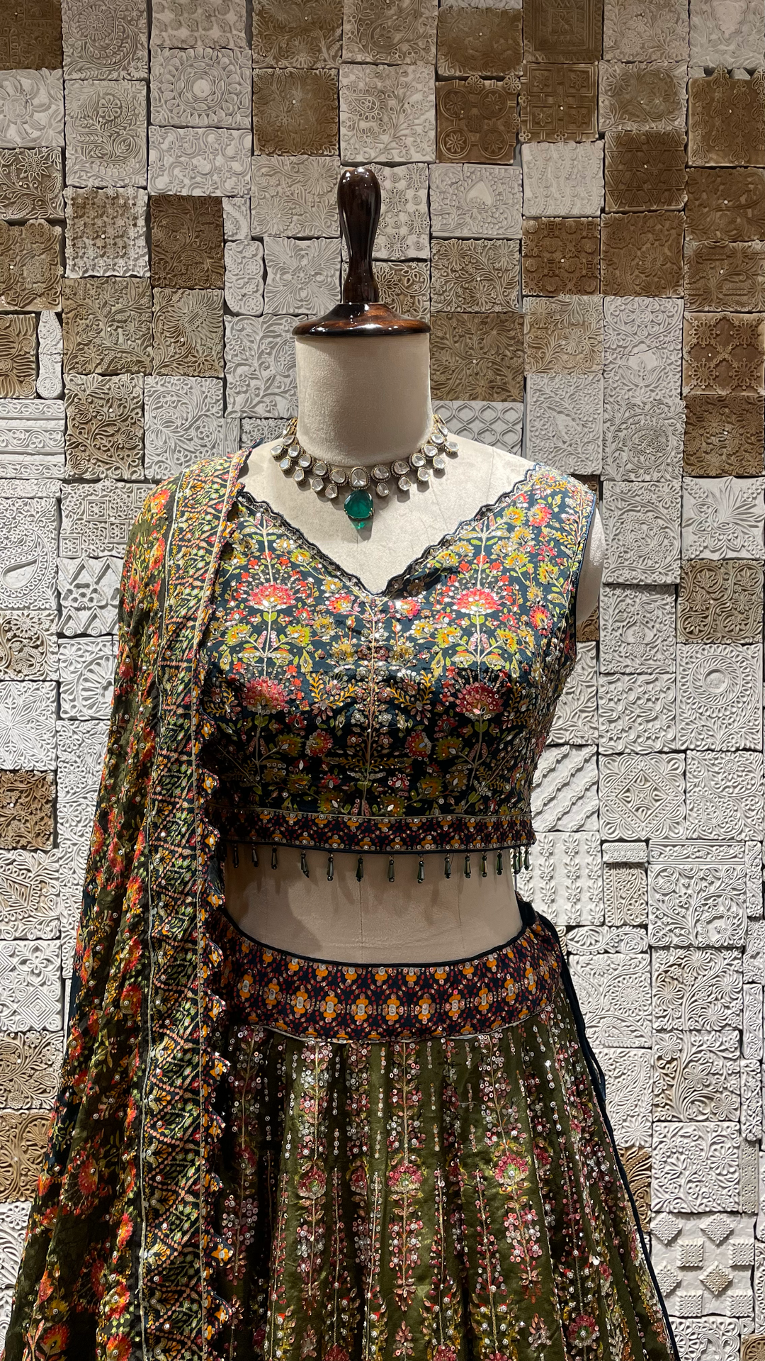Green Lehenga with Floral Motifs