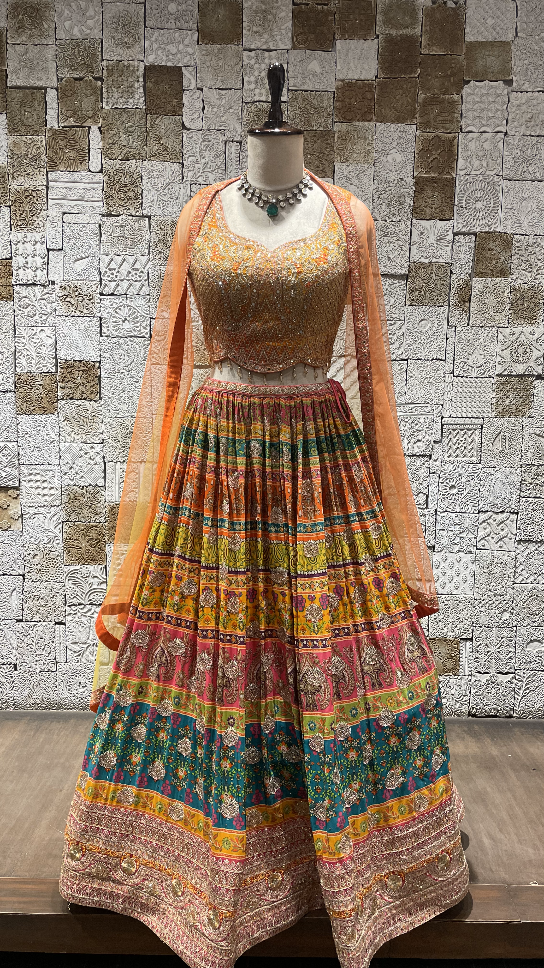 Multicolour lehenga with rhinestones