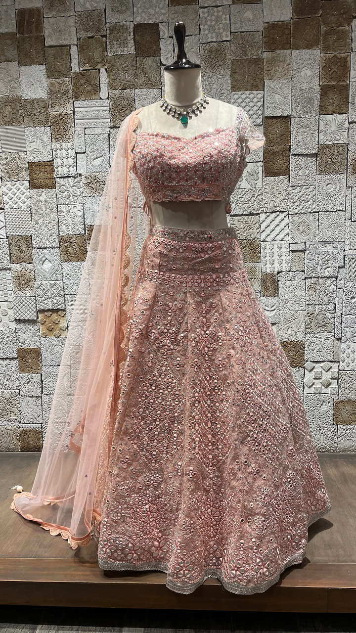 Pink lehenga with mirror work and net Dupatta