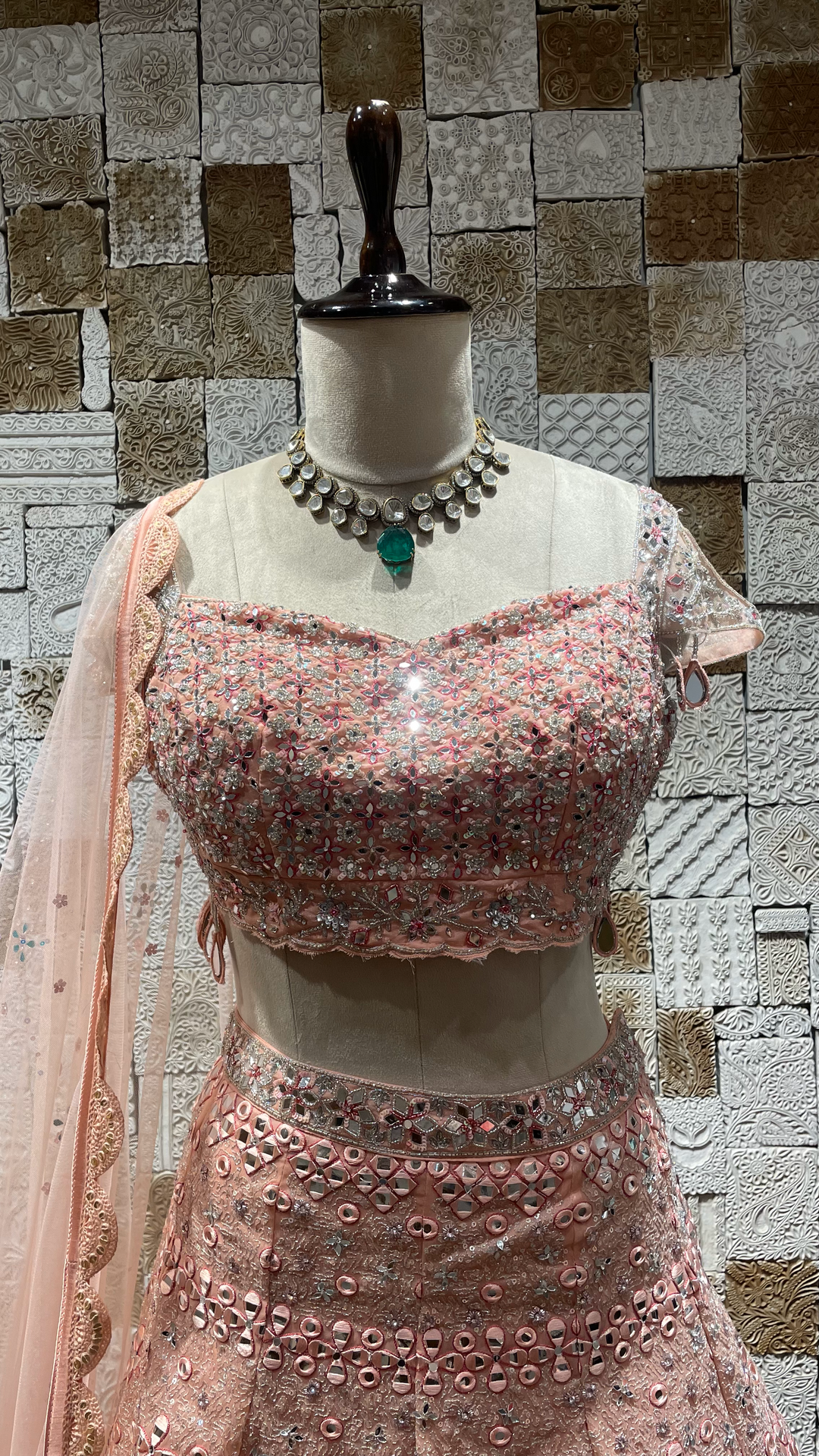 Pink lehenga with mirror work and net Dupatta