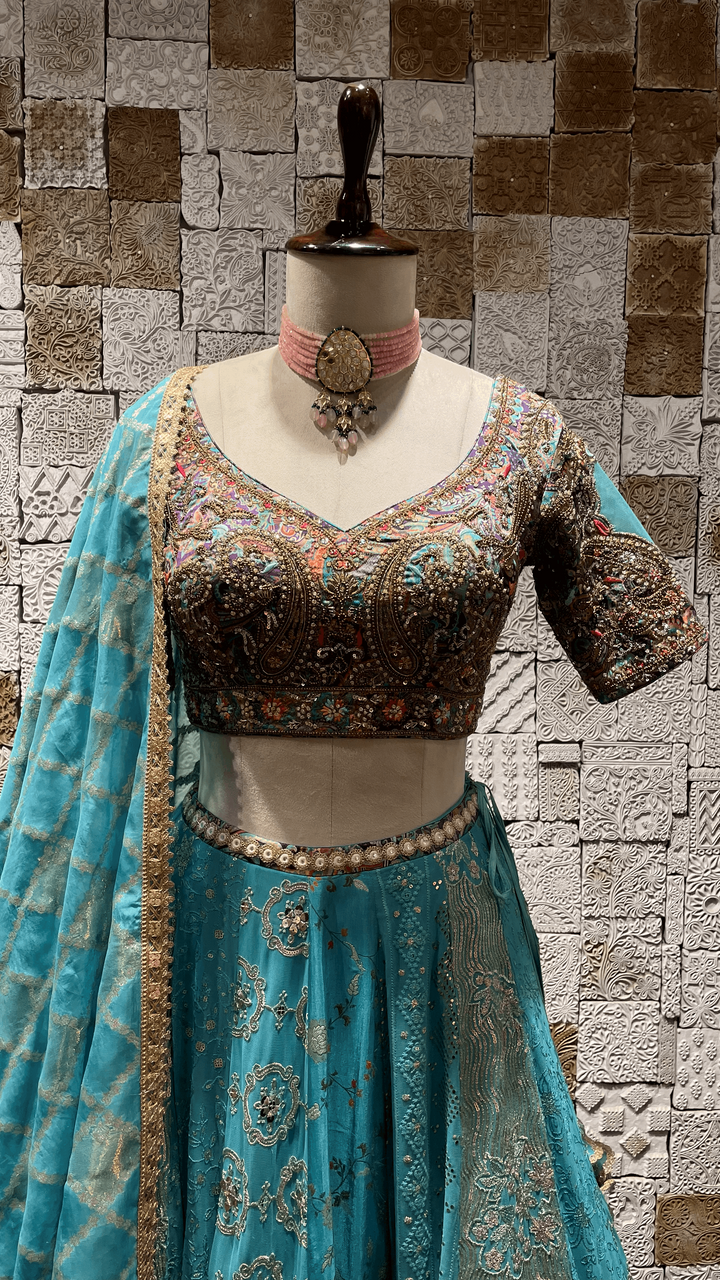 Blue lehenga with sequins and thread work