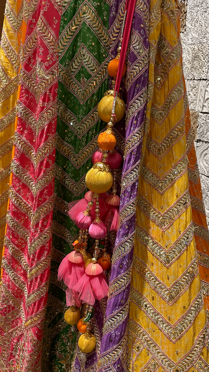 Multicolour crape lehenga on a with zariwork and rhinestones