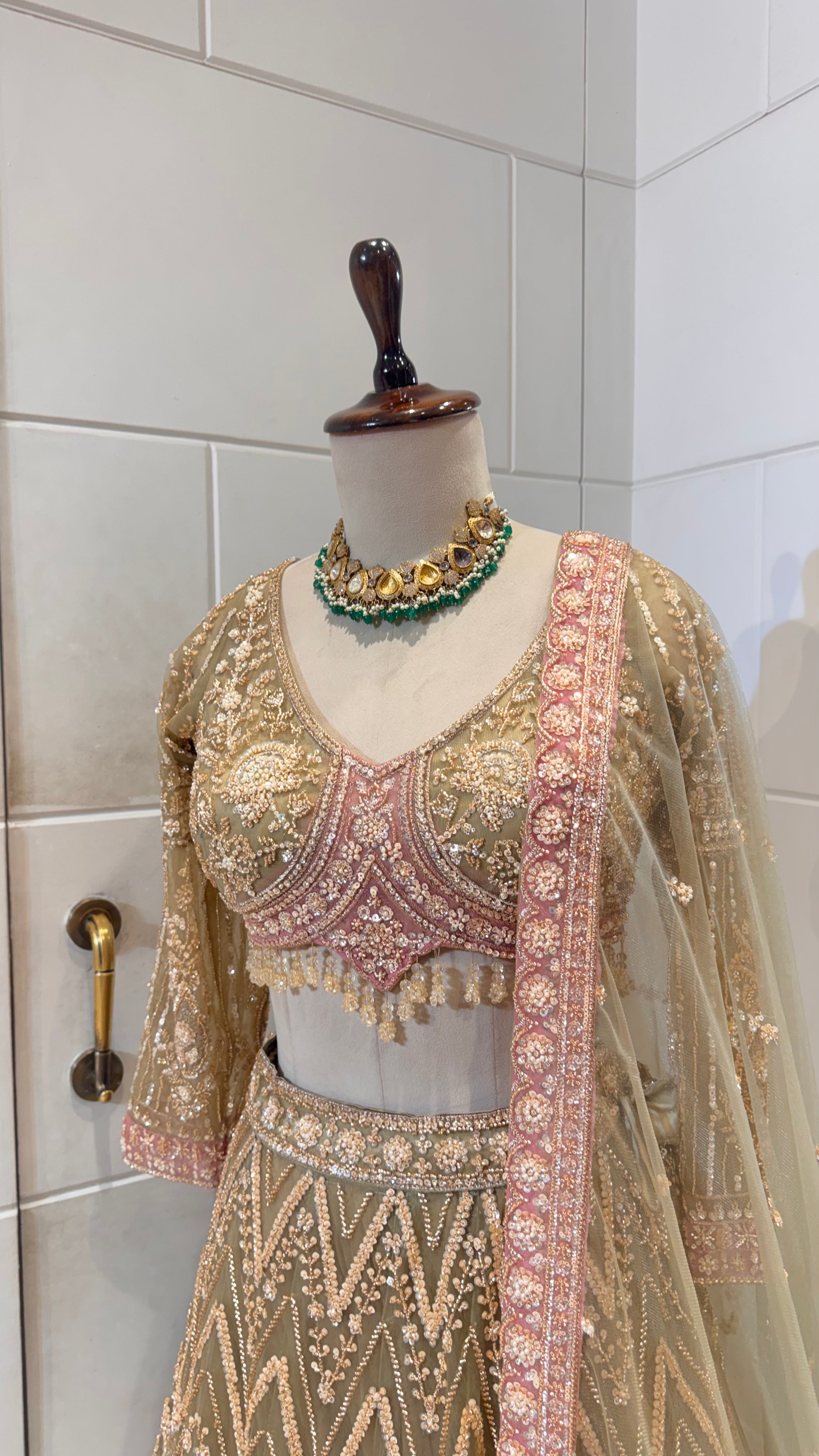 Pink and green embroidered lehenga