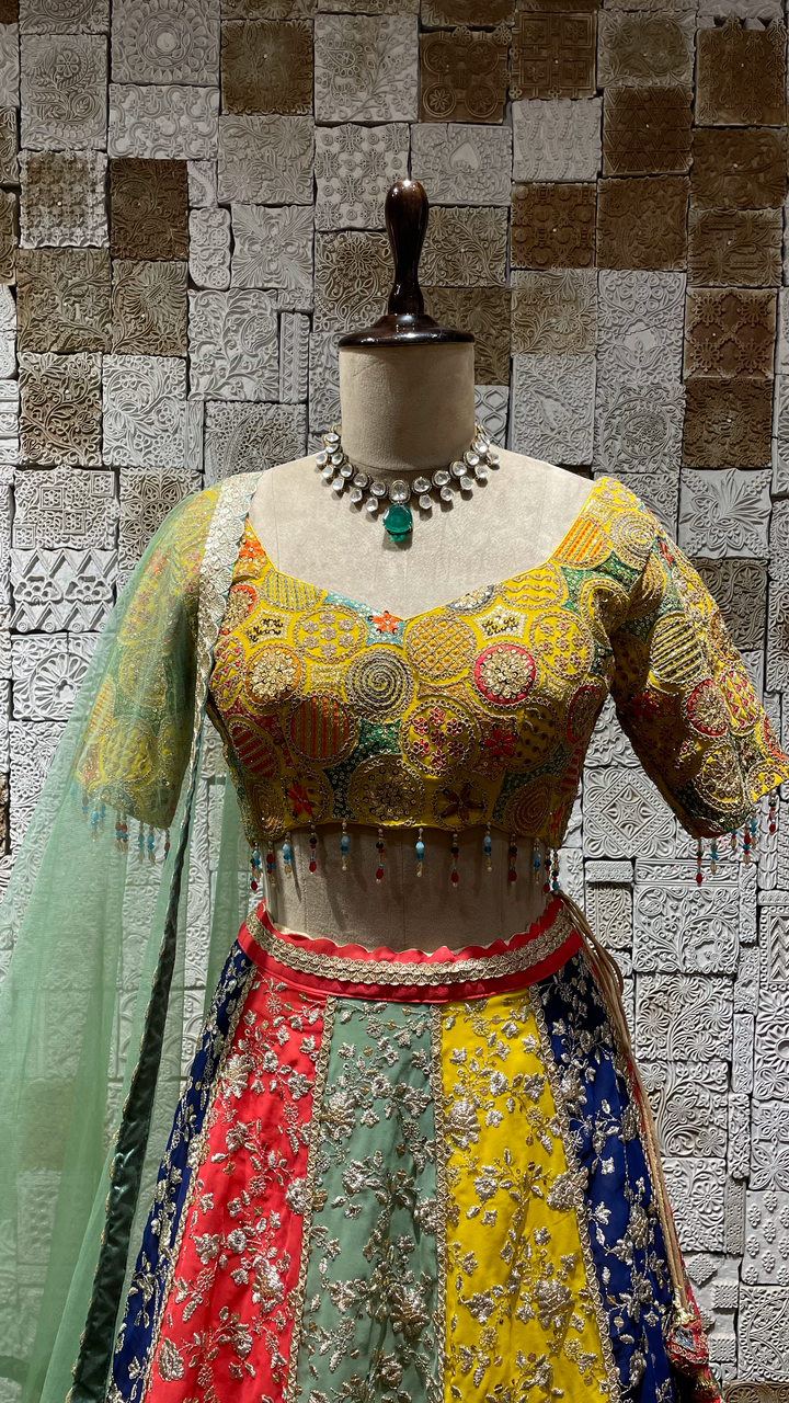 Multicolour Georgette lehenga with Zariwork and sequins