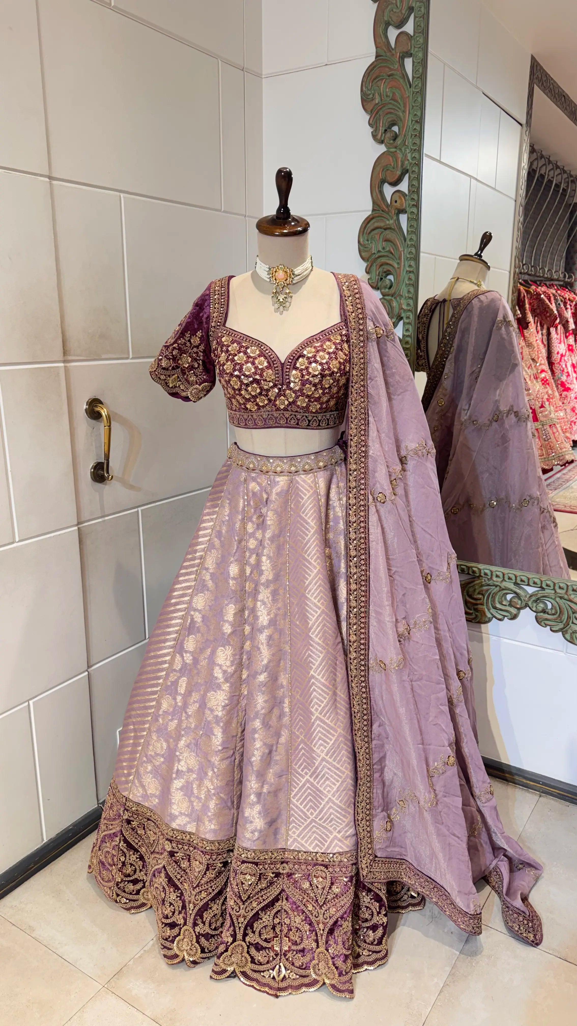 Lavender lehenga with gold embroidery