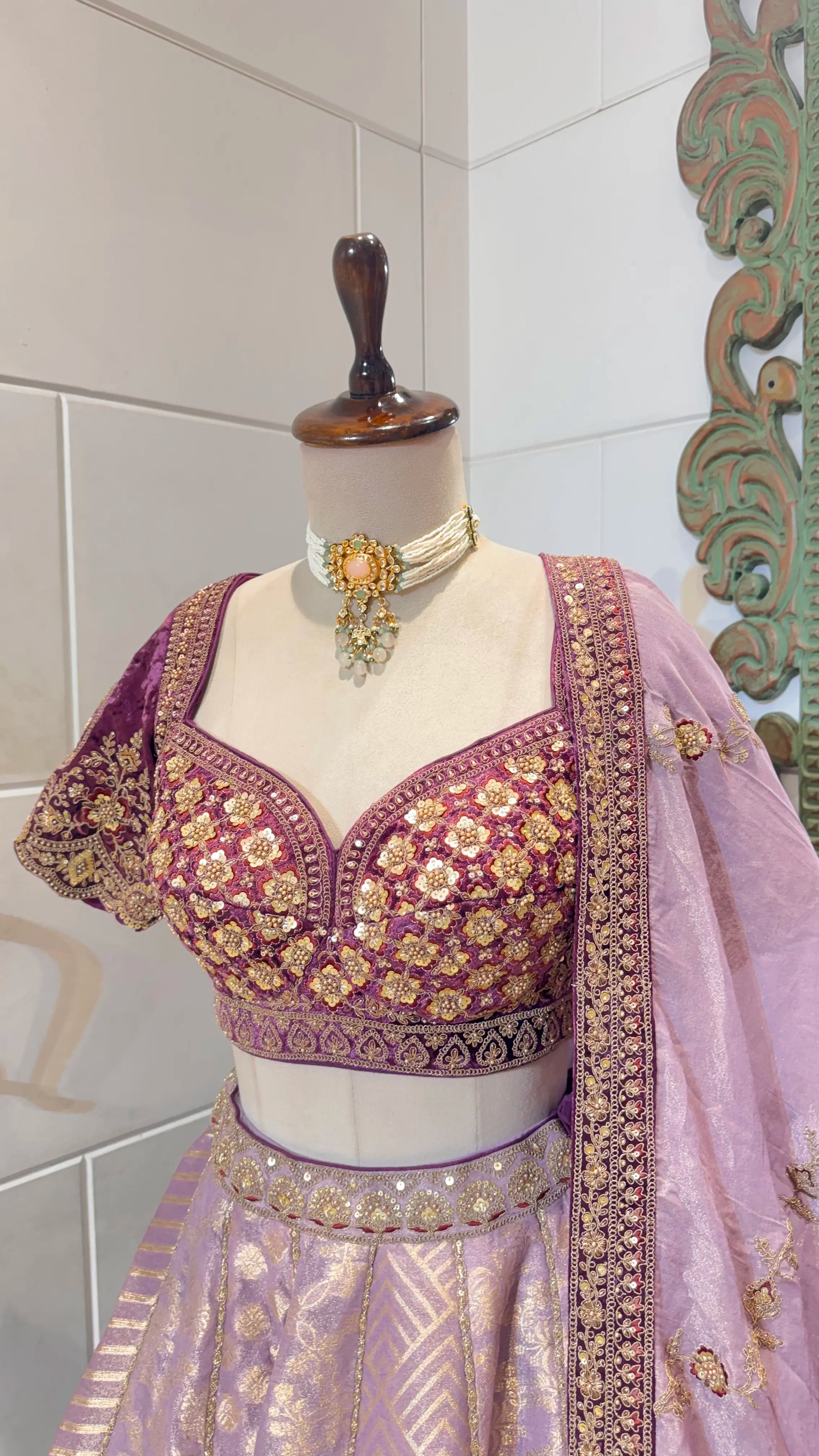 Lavender lehenga with gold embroidery
