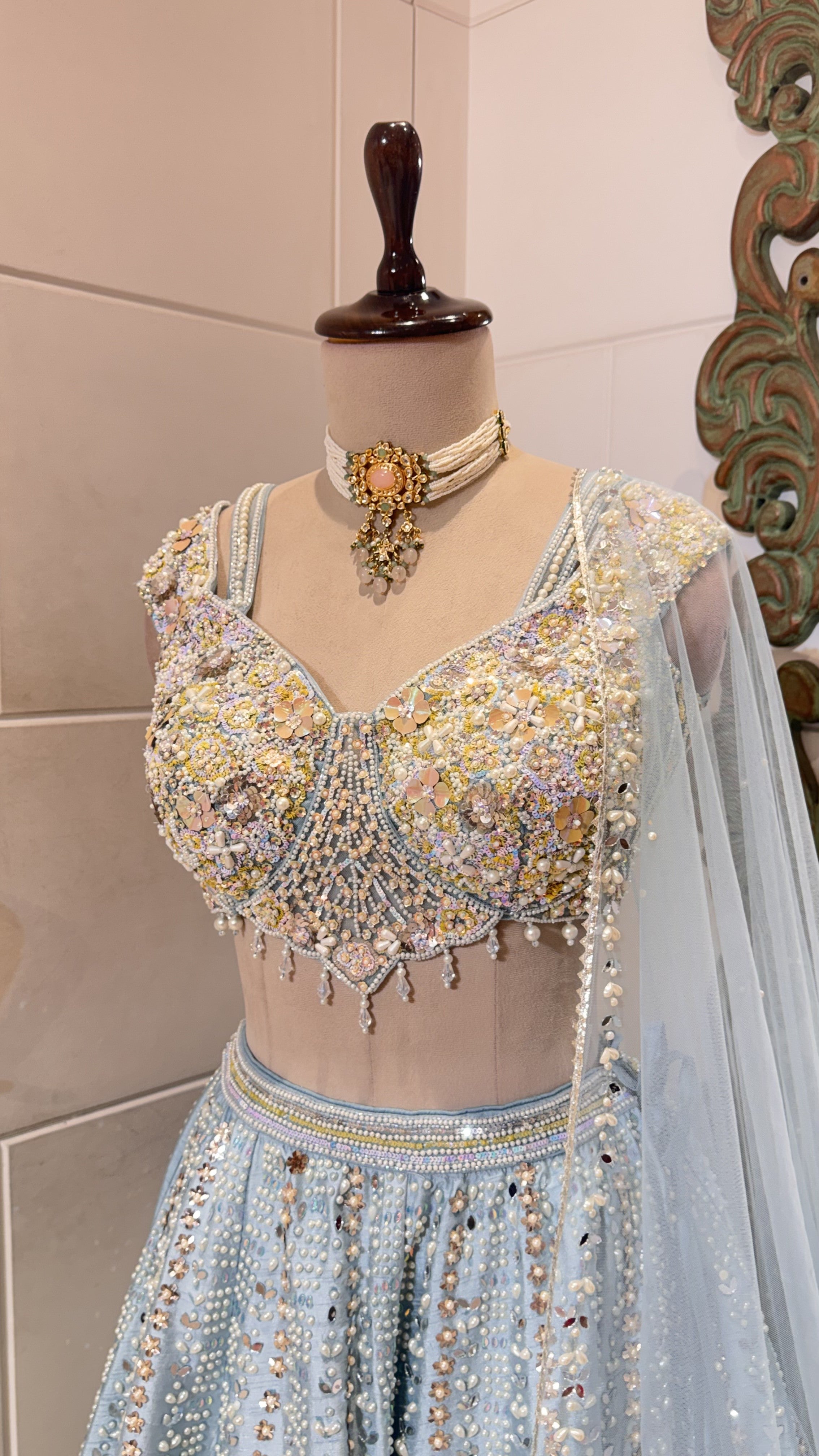 Light blue lehenga with bead work